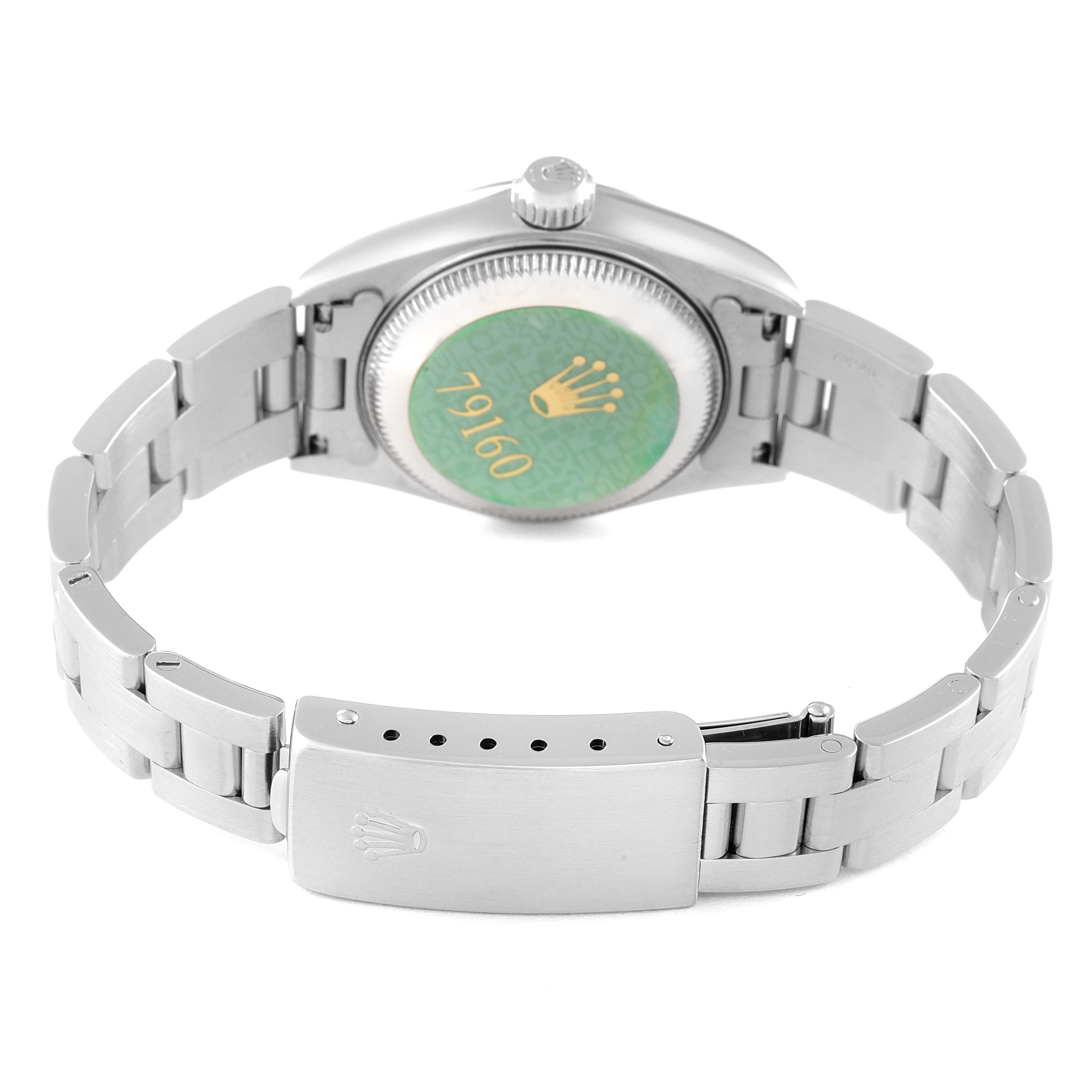 This image shows the back case and bracelet of the Rolex Date 79160 Women
s Stainless Steel Blue Dial 79160 Women
s Stainless Steel Blue Dial model watch, focusing on the clasp and case back.