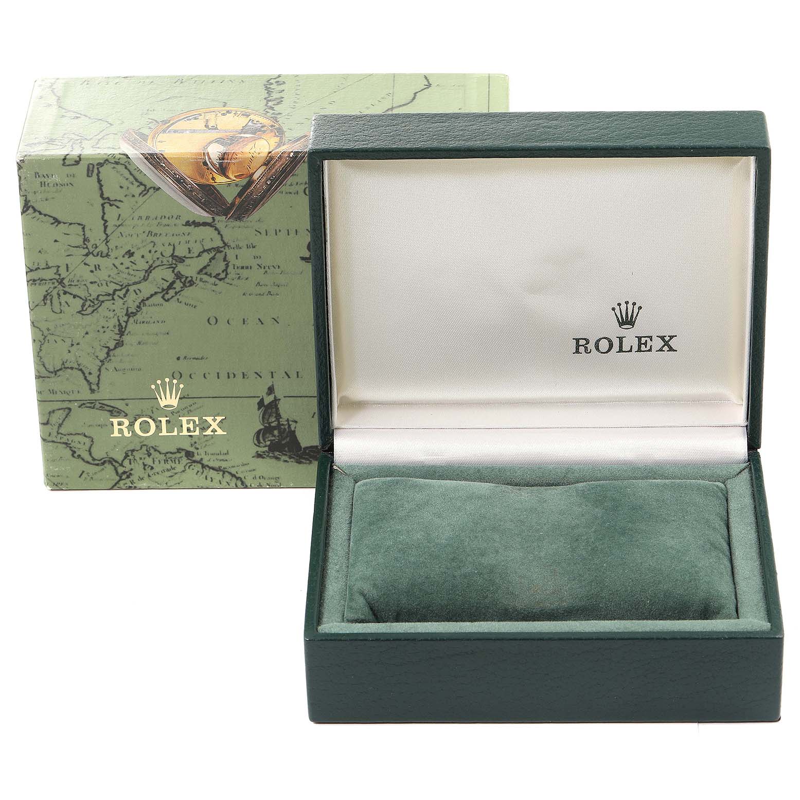 This image shows the open box of a Rolex Date 79160 Women
s Stainless Steel Blue Dial 79160 Women
s Stainless Steel Blue Dial model watch, revealing the cushion and interior branding.