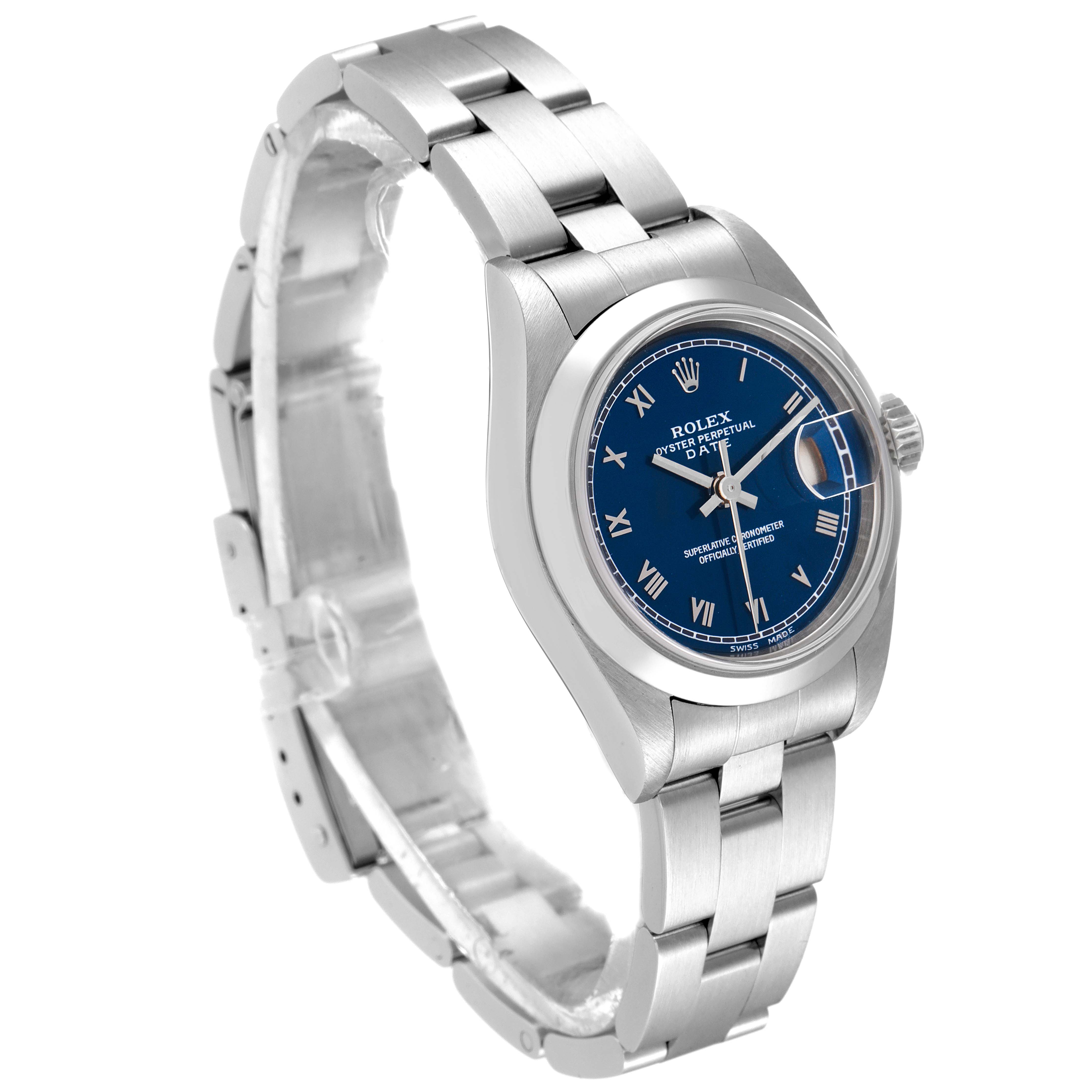 The image shows the Rolex Date 79160 Women
s Stainless Steel Blue Dial 79160 Women
s Stainless Steel Blue Dial model watch at a slight angle displaying the face, bezel, and part of the bracelet.