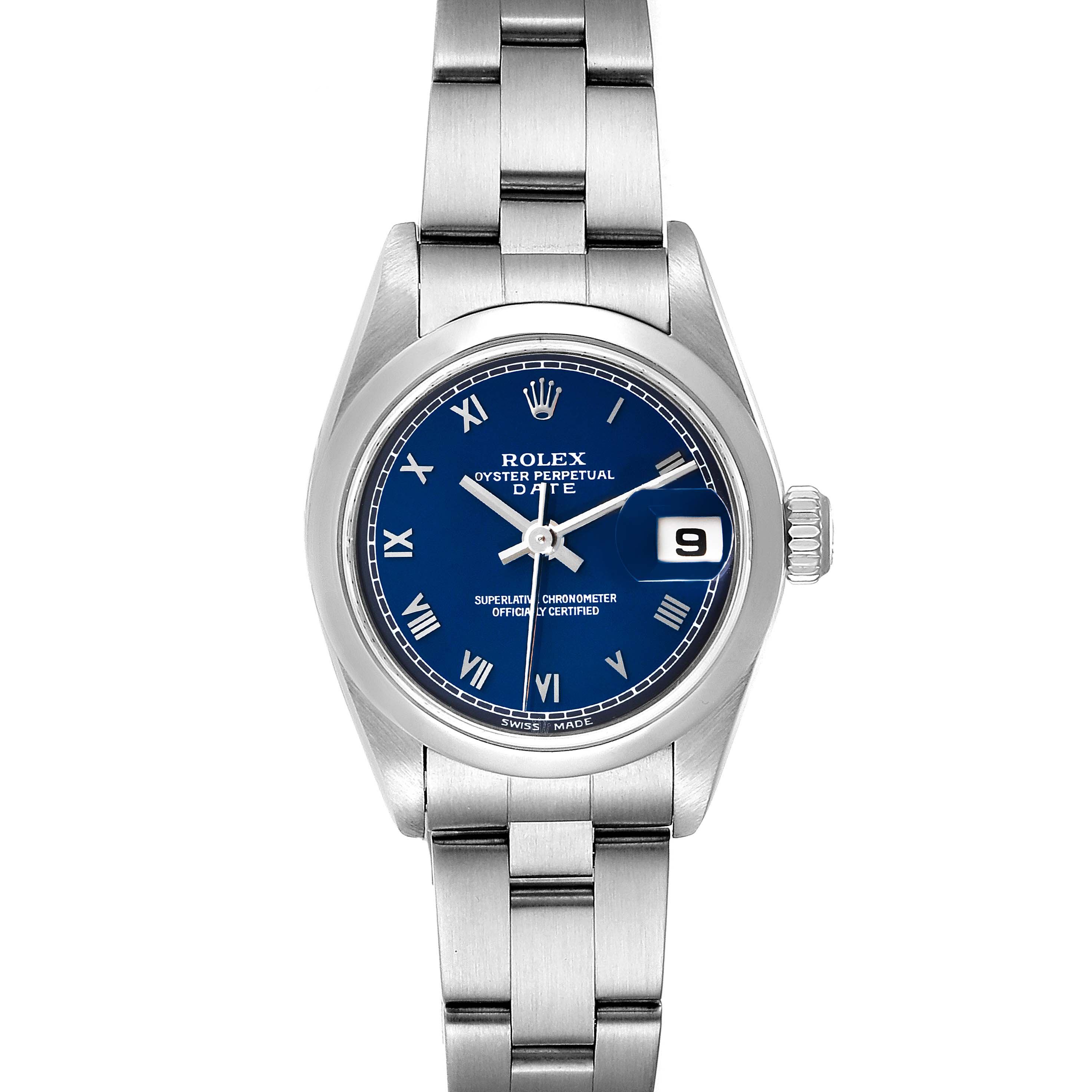 This Rolex Date 79160 Women
s Stainless Steel Blue Dial 79160 Women
s Stainless Steel Blue Dial model is shown from a top view, displaying the face, bezel, crown, and bracelet.