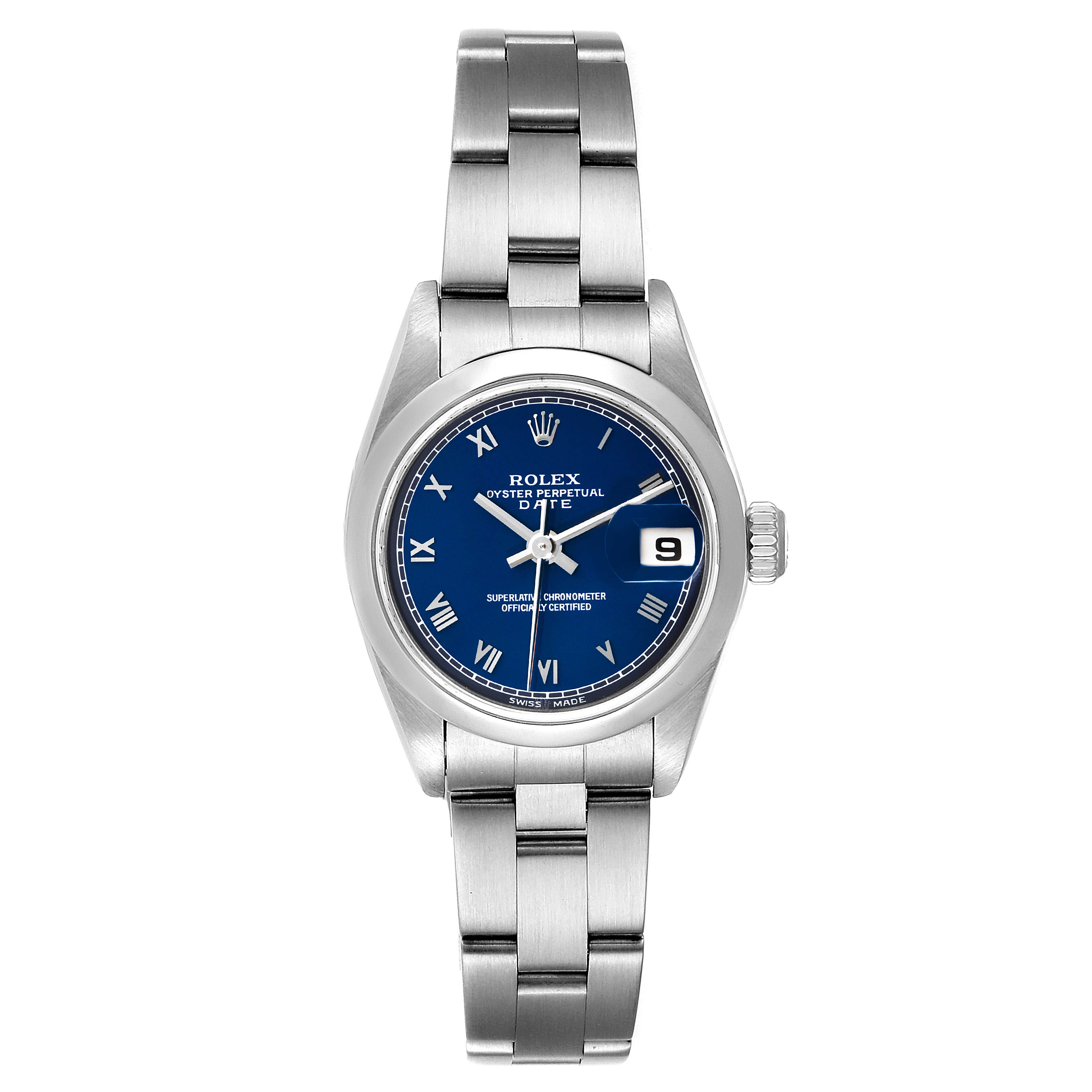 This image shows a Rolex Date 79160 Women
s Stainless Steel Blue Dial 79160 Women
s Stainless Steel Blue Dial model watch from the front, displaying its dial, bezel, bracelet, and date window.