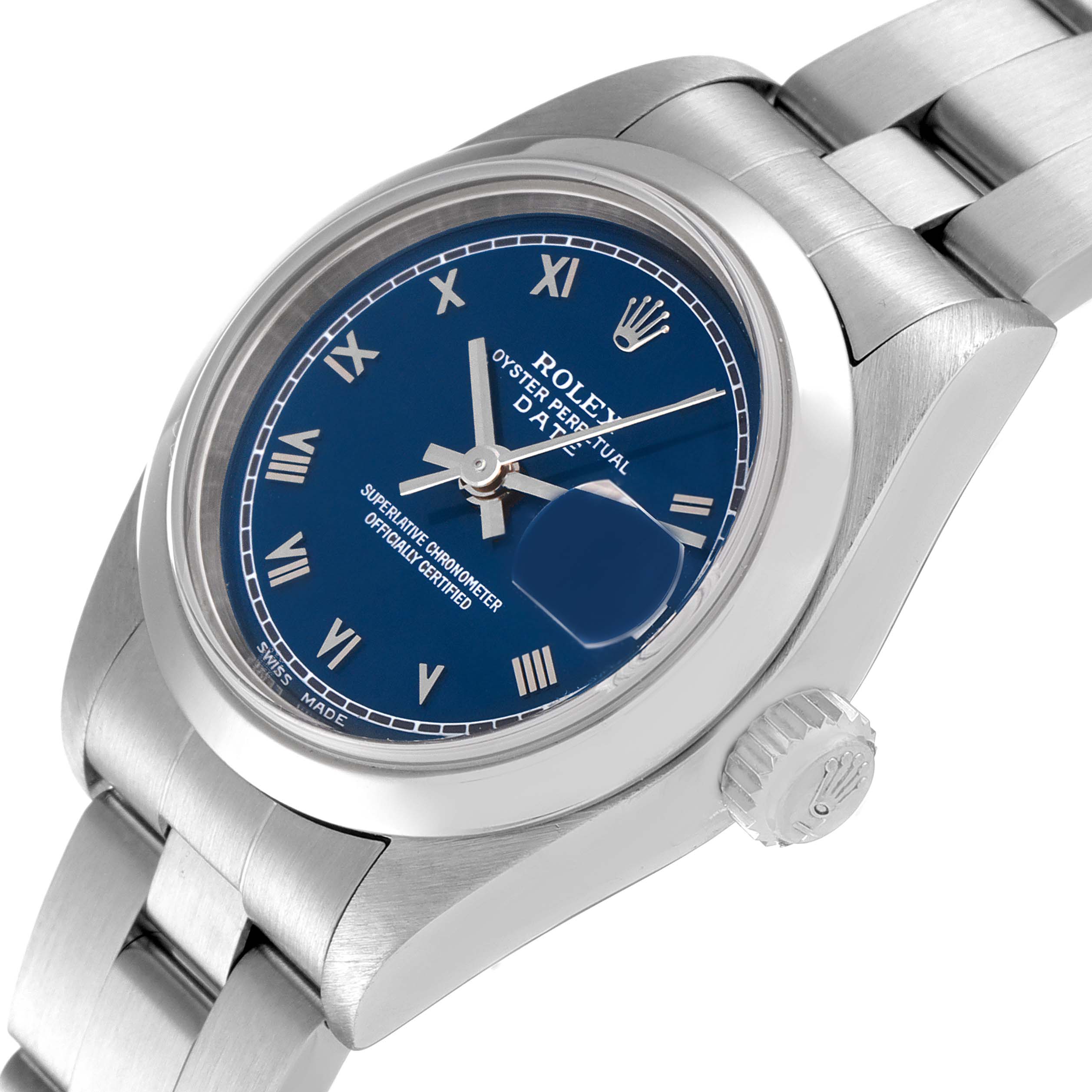 The image shows a Rolex Date 79160 Women
s Stainless Steel Blue Dial 79160 Women
s Stainless Steel Blue Dial with a blue dial, Roman numerals, and silver bracelet at a three-quarter angle highlighting the dial and crown.