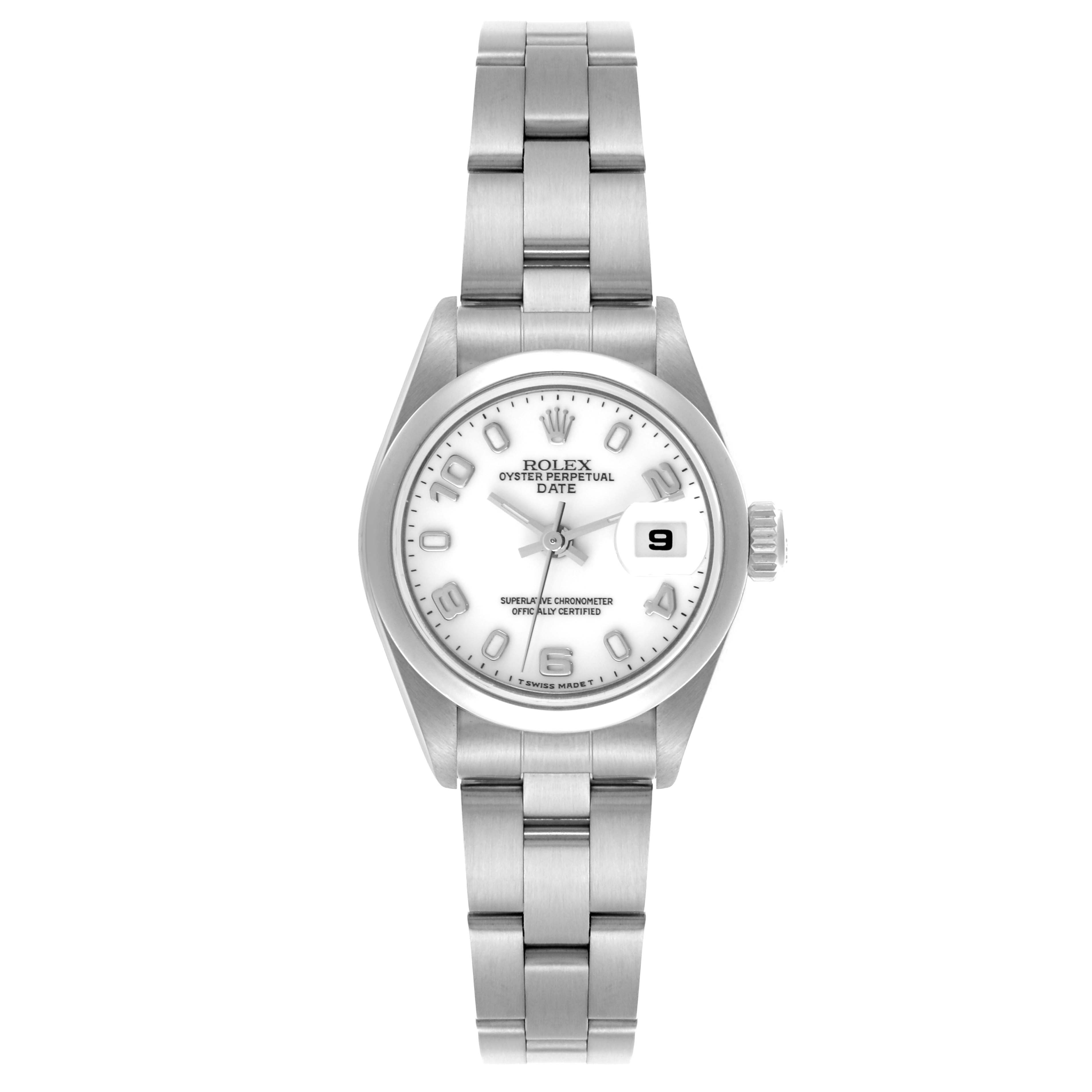 The image shows a frontal view of a Rolex Date 69160 Women
s Stainless Steel White Dial 69160 Women
s Stainless Steel White Dial watch, displaying the bracelet, dial, and crown.