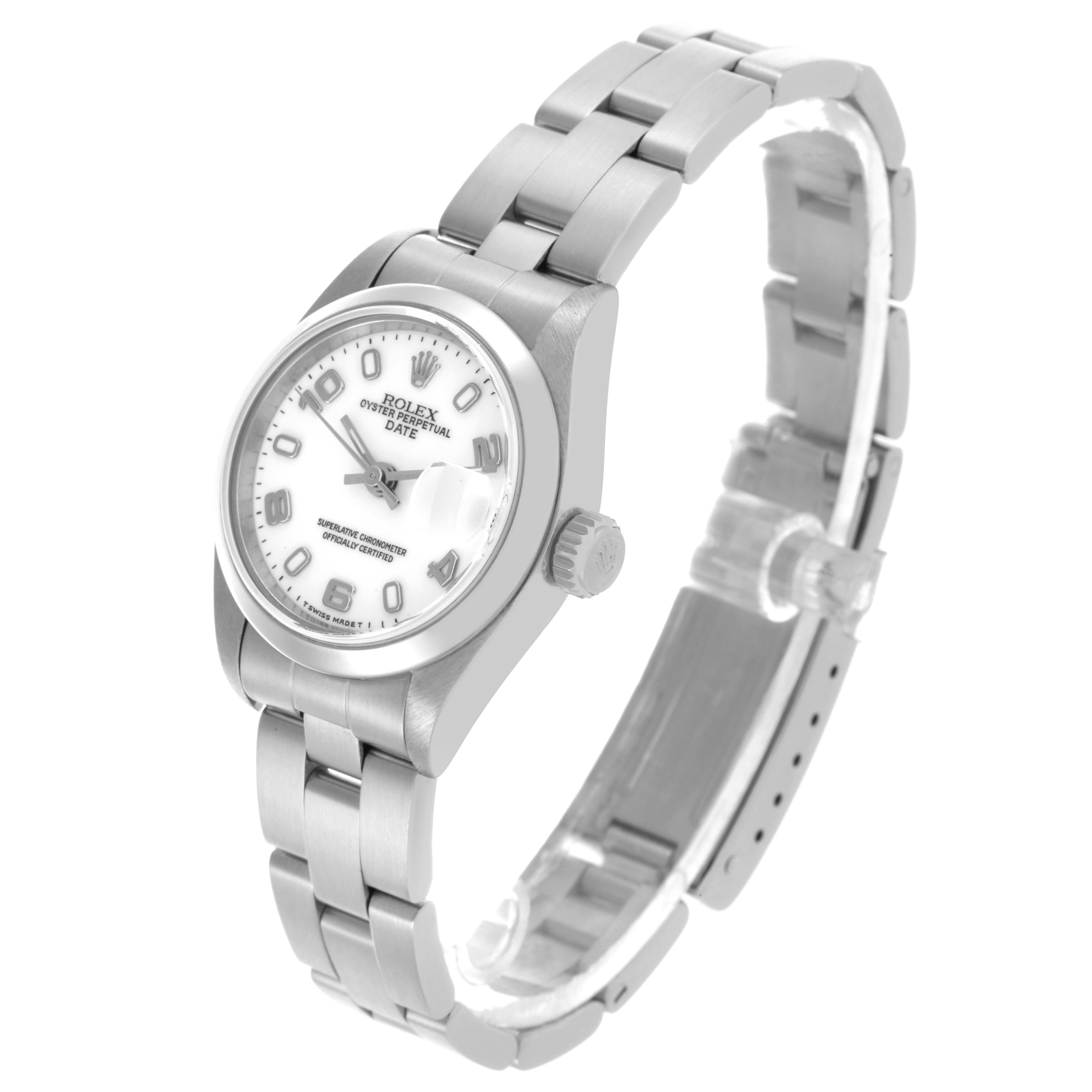 The Rolex Date 69160 Women
s Stainless Steel White Dial 69160 Women
s Stainless Steel White Dial watch is shown at a slight angle, highlighting the face, bracelet, and crown.