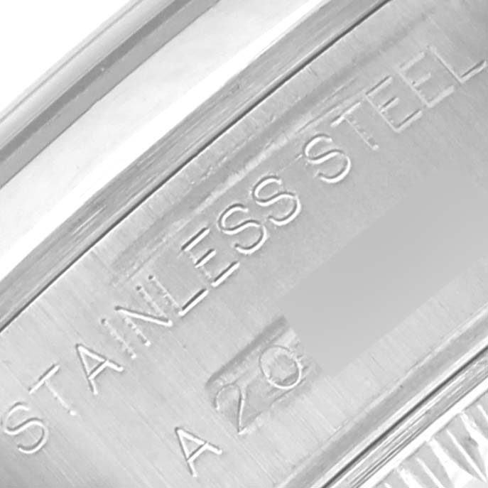 The image shows a close-up of the engraving on the stainless steel case back of a Rolex Date 69160 Women
s Stainless Steel White Dial 69160 Women
s Stainless Steel White Dial model watch.