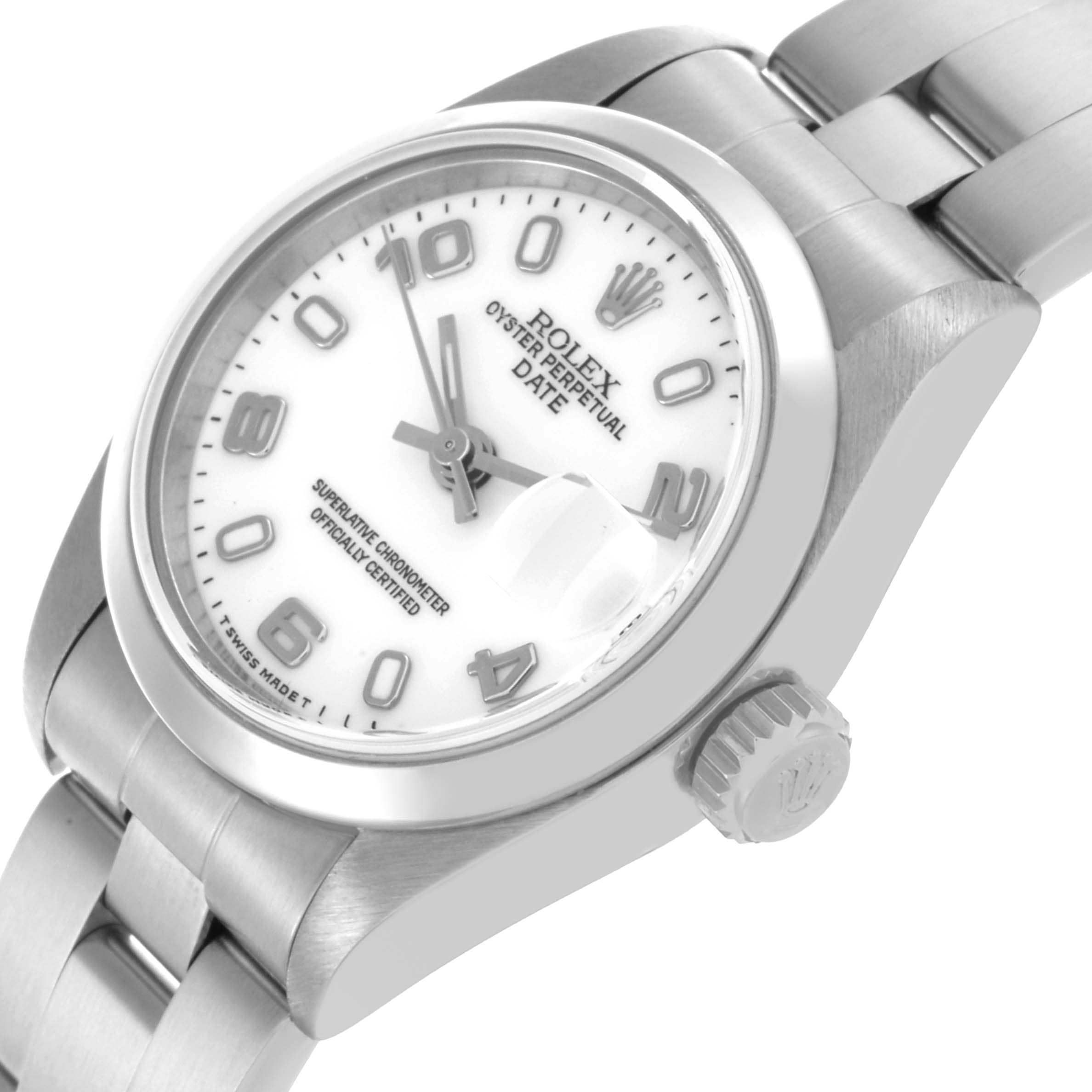 The Rolex Date 69160 Women
s Stainless Steel White Dial 69160 Women
s Stainless Steel White Dial watch is shown from a left-side angle, displaying the dial, crown, and part of the bracelet.