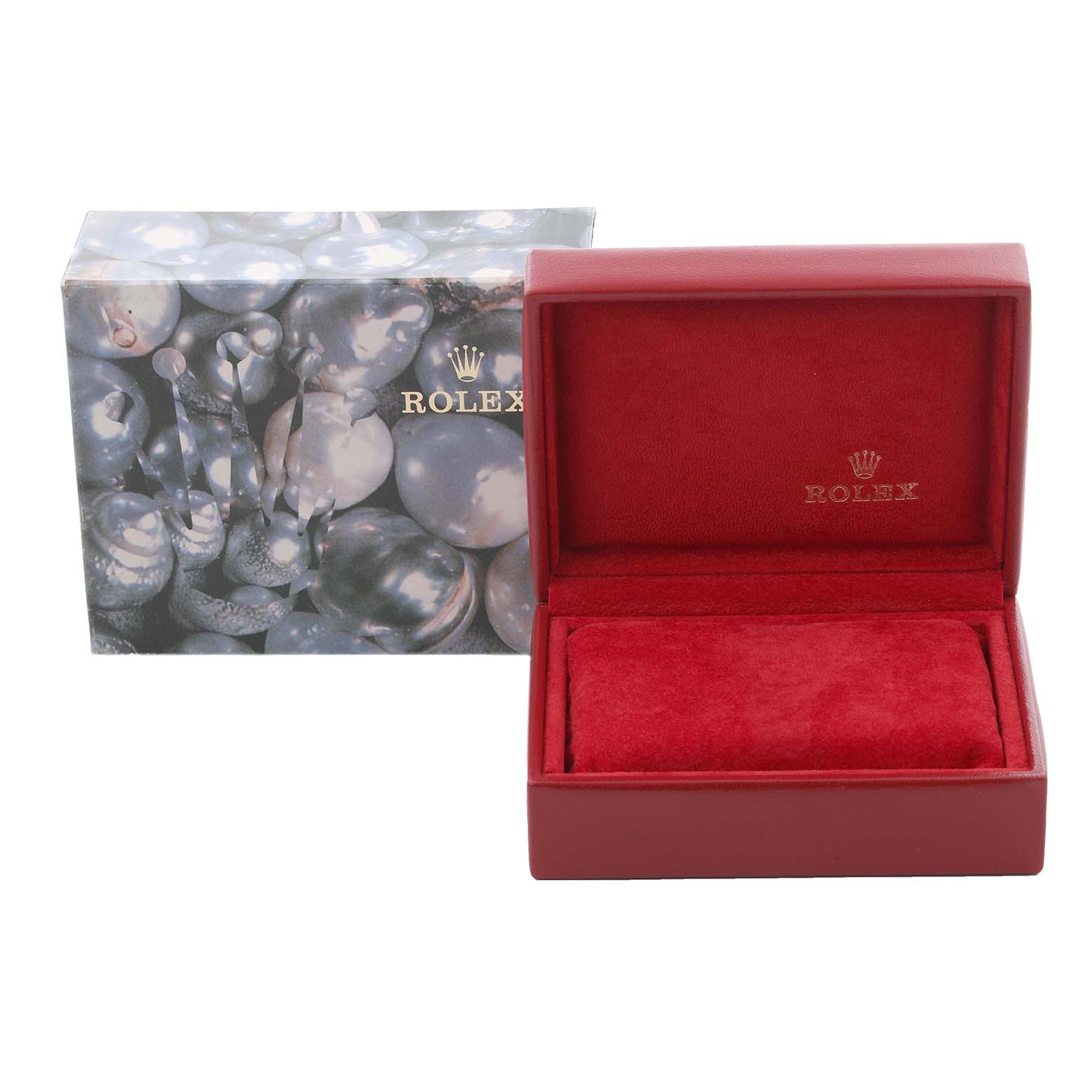 The image shows an open Rolex Date 69160 Women
s Stainless Steel White Dial 69160 Women
s Stainless Steel White Dial model watch box with a red interior and a decorative outer box.