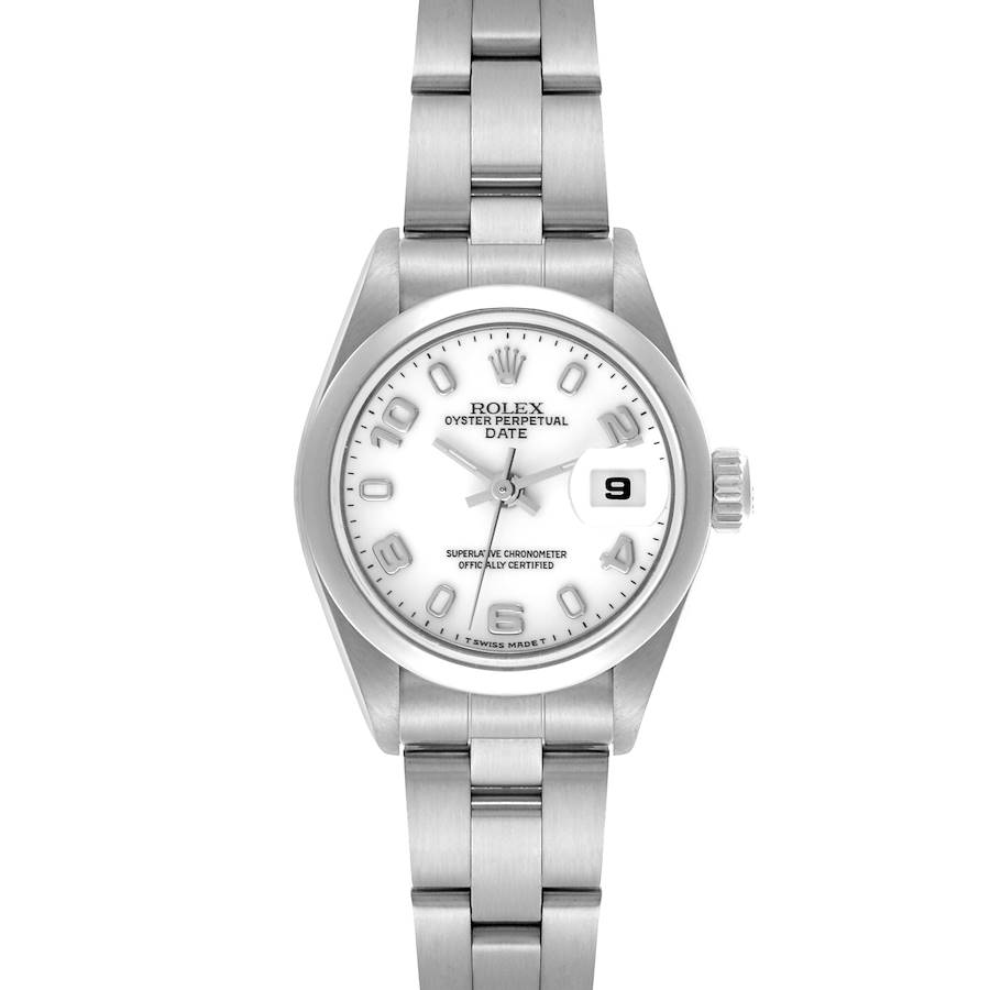 The Rolex Date model is shown from the front, displaying the dial, case, bracelet, and crown.