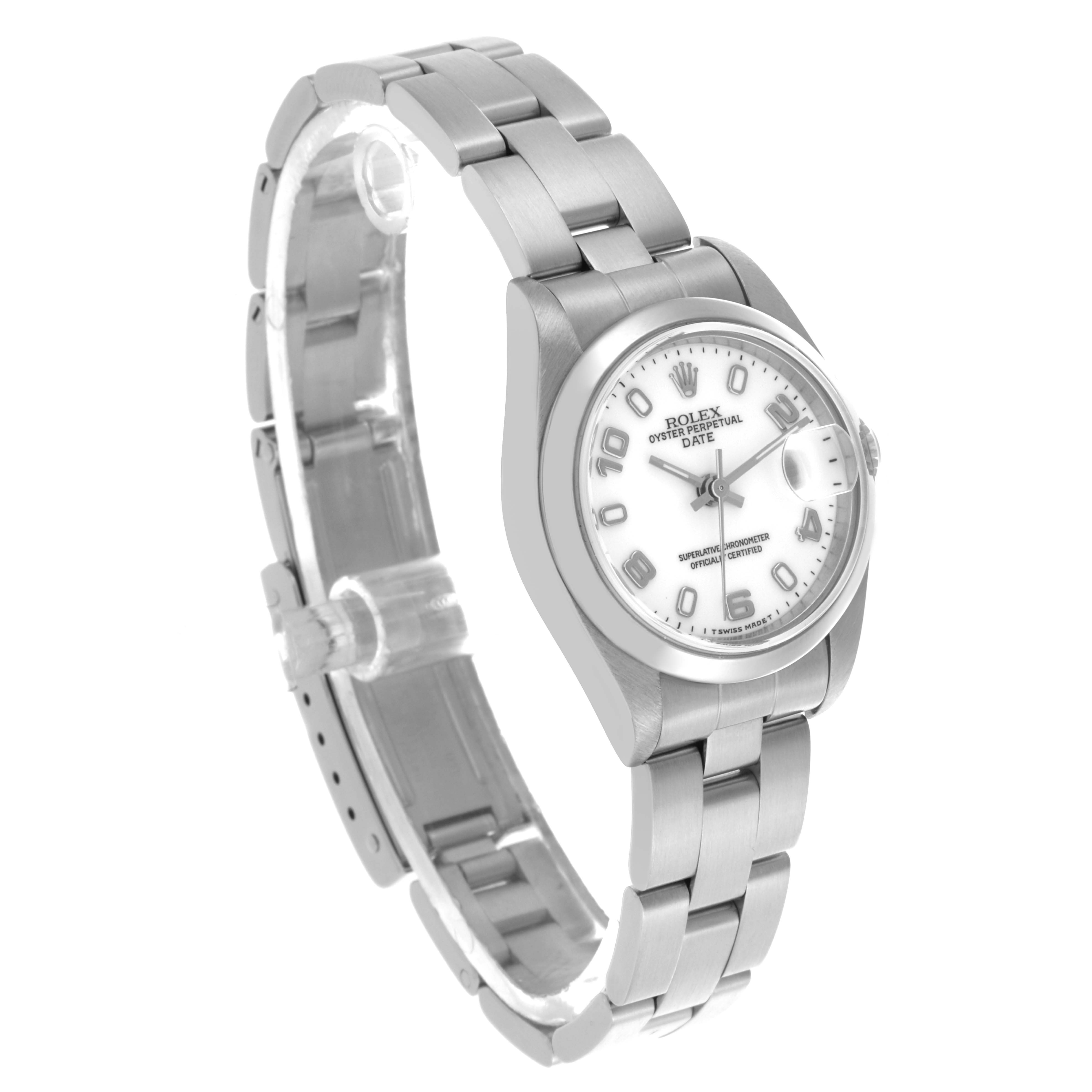 The Rolex Date 69160 Women
s Stainless Steel White Dial 69160 Women
s Stainless Steel White Dial model is shown at a three-quarter angle, displaying the watch face, bezel, and part of the bracelet.