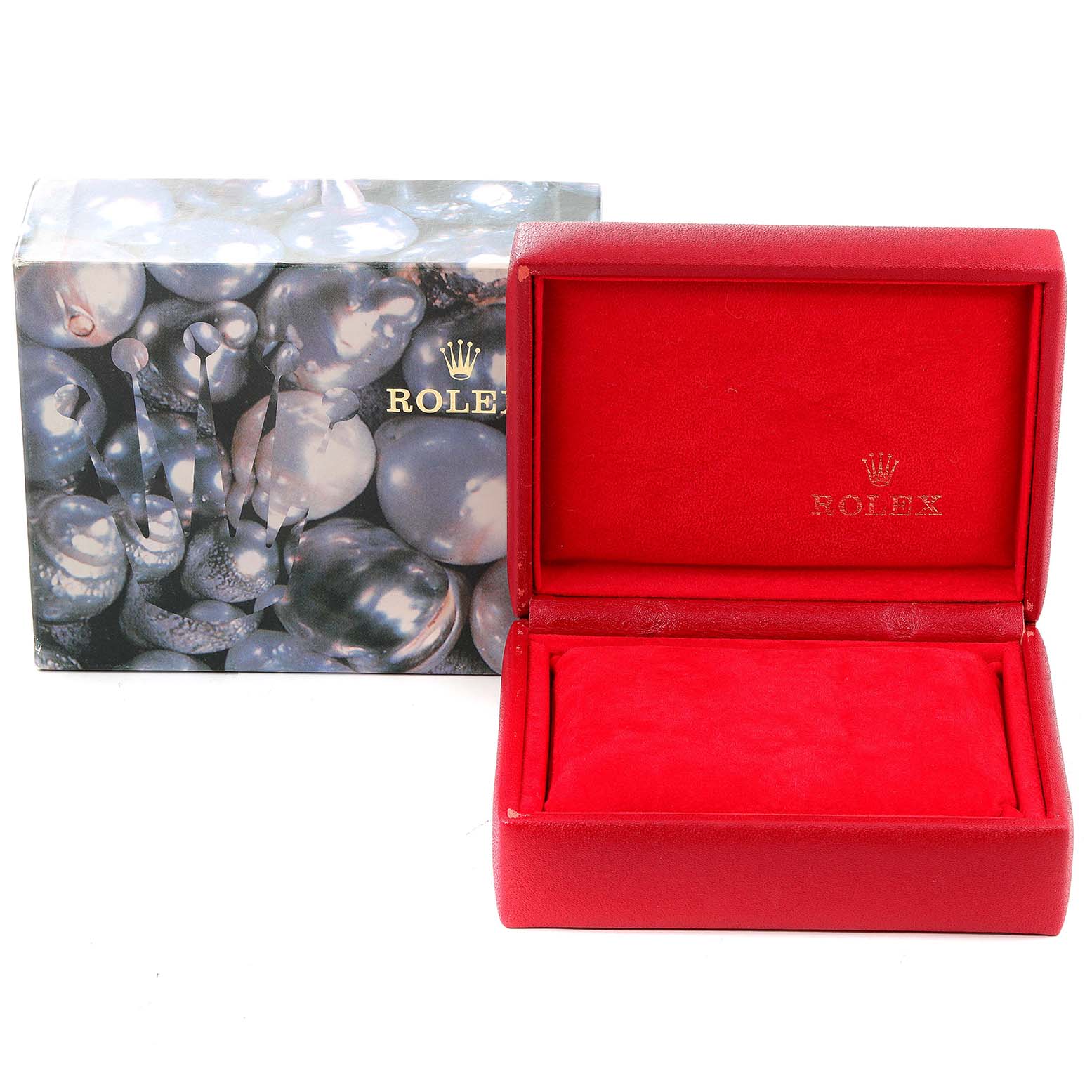 The image shows a Rolex Datejust 79174 Women
s Stainless Steel Silver Dial 79174 Women
s Stainless Steel Silver Dial watch box with a closed outer box and an open red inner box displaying the Rolex logo.