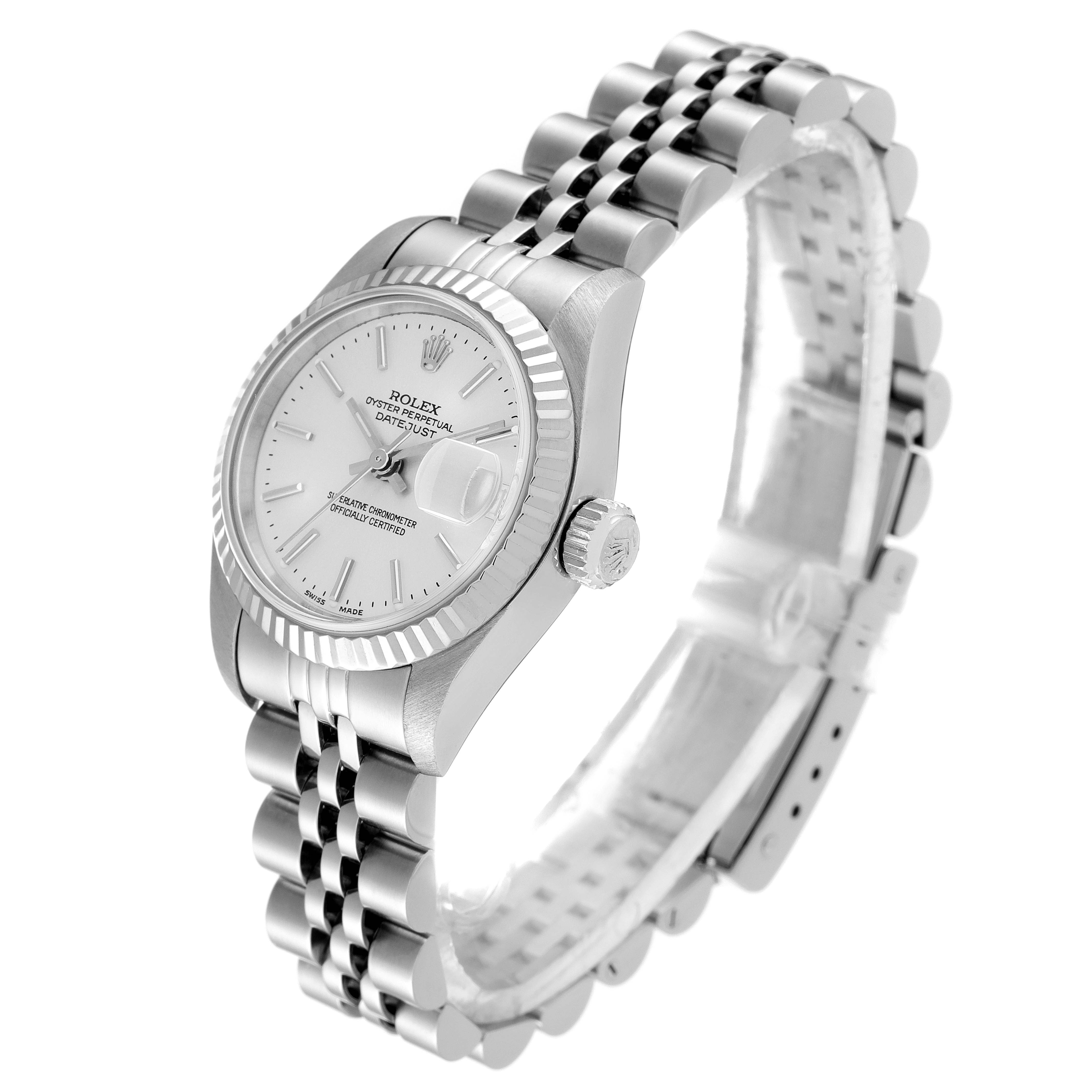 This image shows a side view angle of a Rolex Datejust 79174 Women
s Stainless Steel Silver Dial 79174 Women
s Stainless Steel Silver Dial watch, highlighting the dial, bezel, crown, and bracelet.