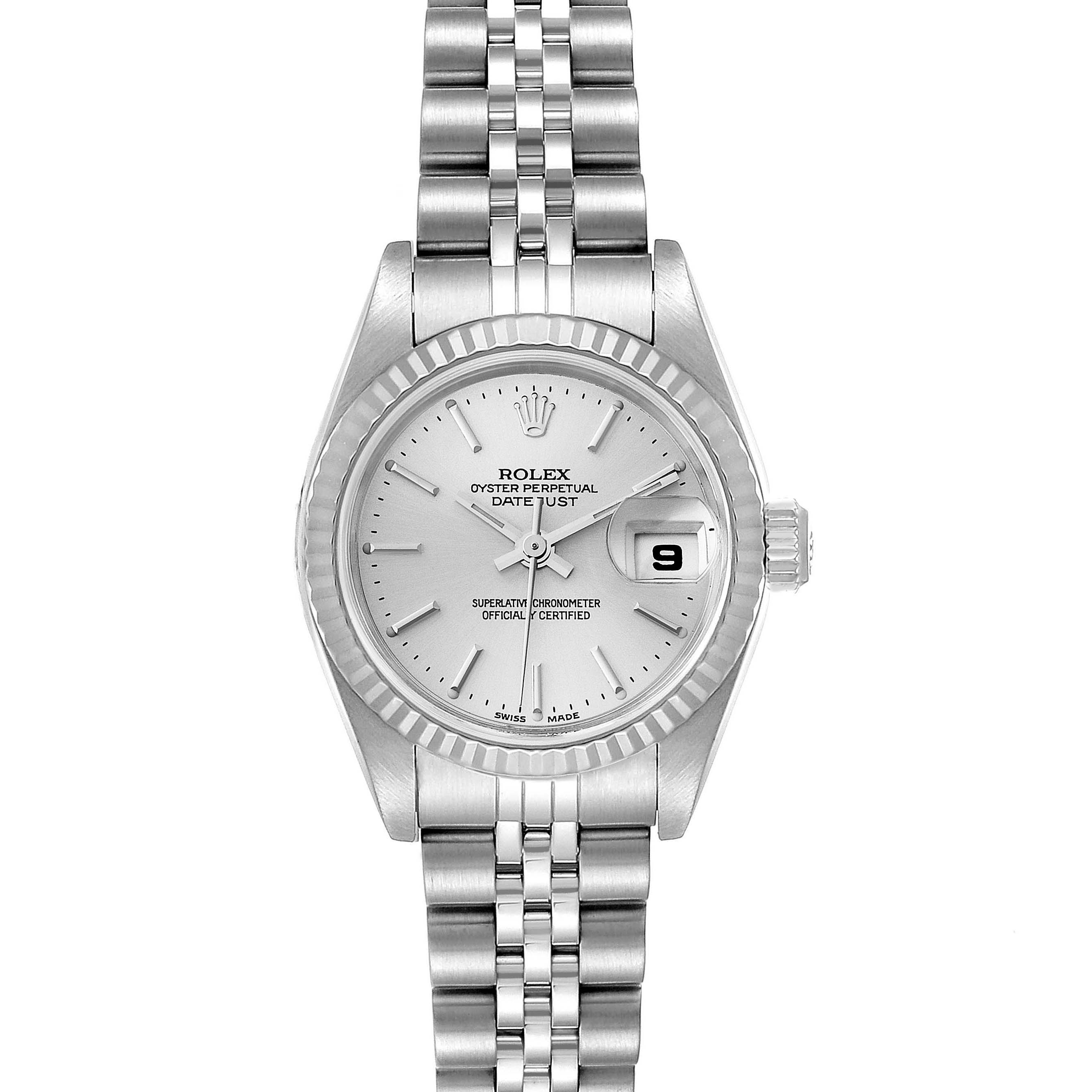 This image shows a front view of the Rolex Datejust 79174 Women
s Stainless Steel Silver Dial 79174 Women
s Stainless Steel Silver Dial watch, displaying its dial, hands, date window, crown, and jubilee bracelet.