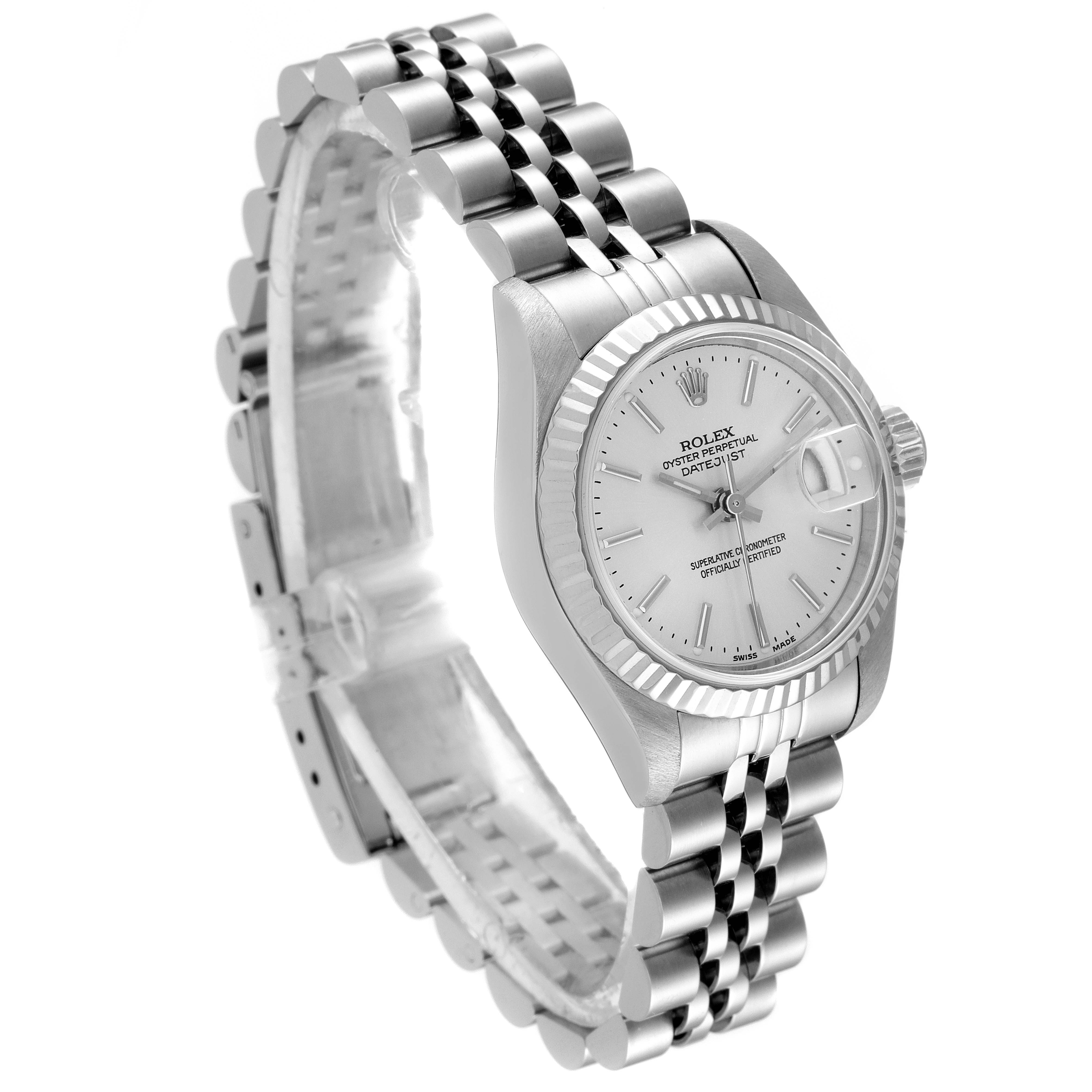 The Rolex Datejust 79174 Women
s Stainless Steel Silver Dial 79174 Women
s Stainless Steel Silver Dial watch is shown at a three-quarter angle, highlighting its bracelet and face.