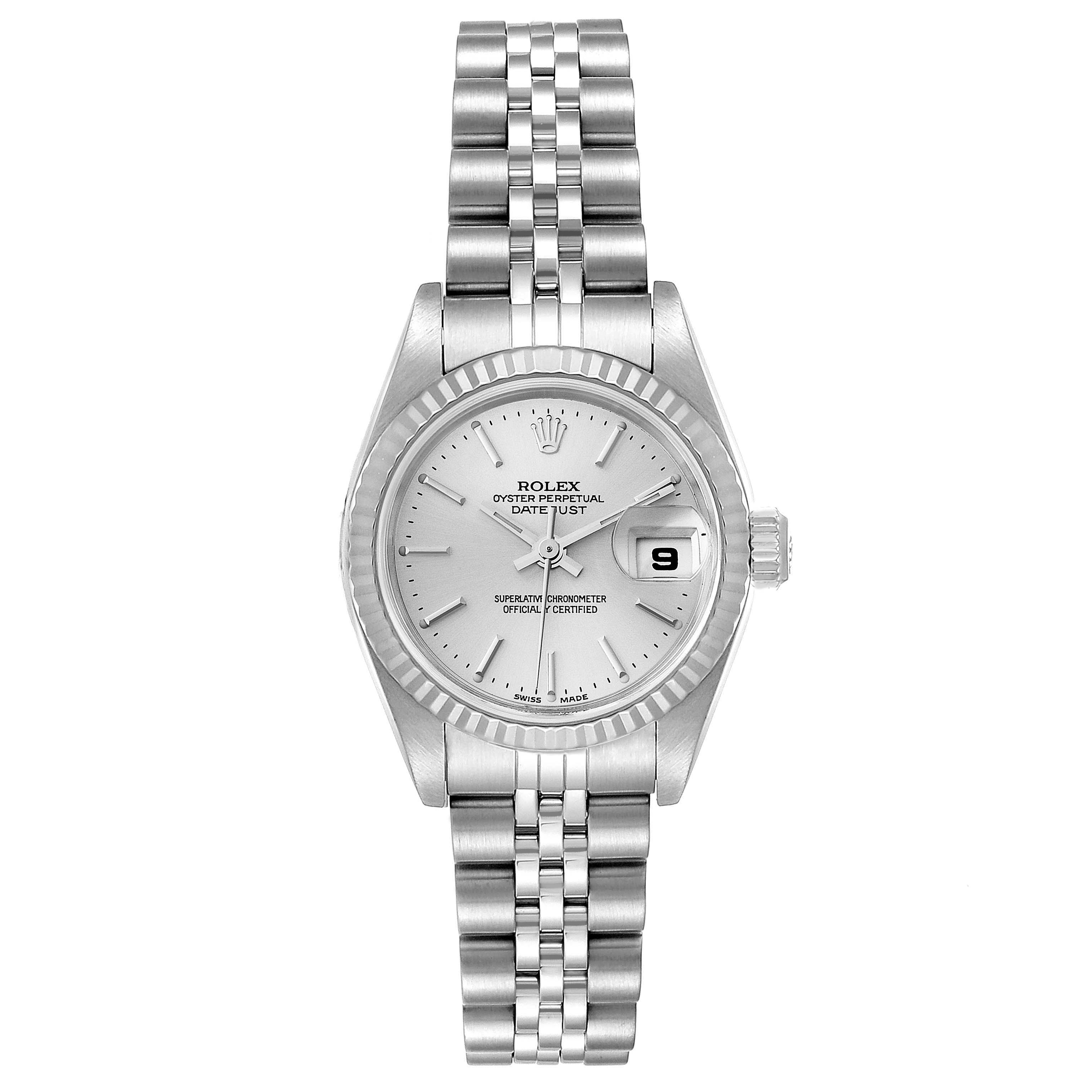 The image shows a frontal view of a Rolex Datejust 79174 Women
s Stainless Steel Silver Dial 79174 Women
s Stainless Steel Silver Dial watch, displaying the dial, bezel, date window, and bracelet.