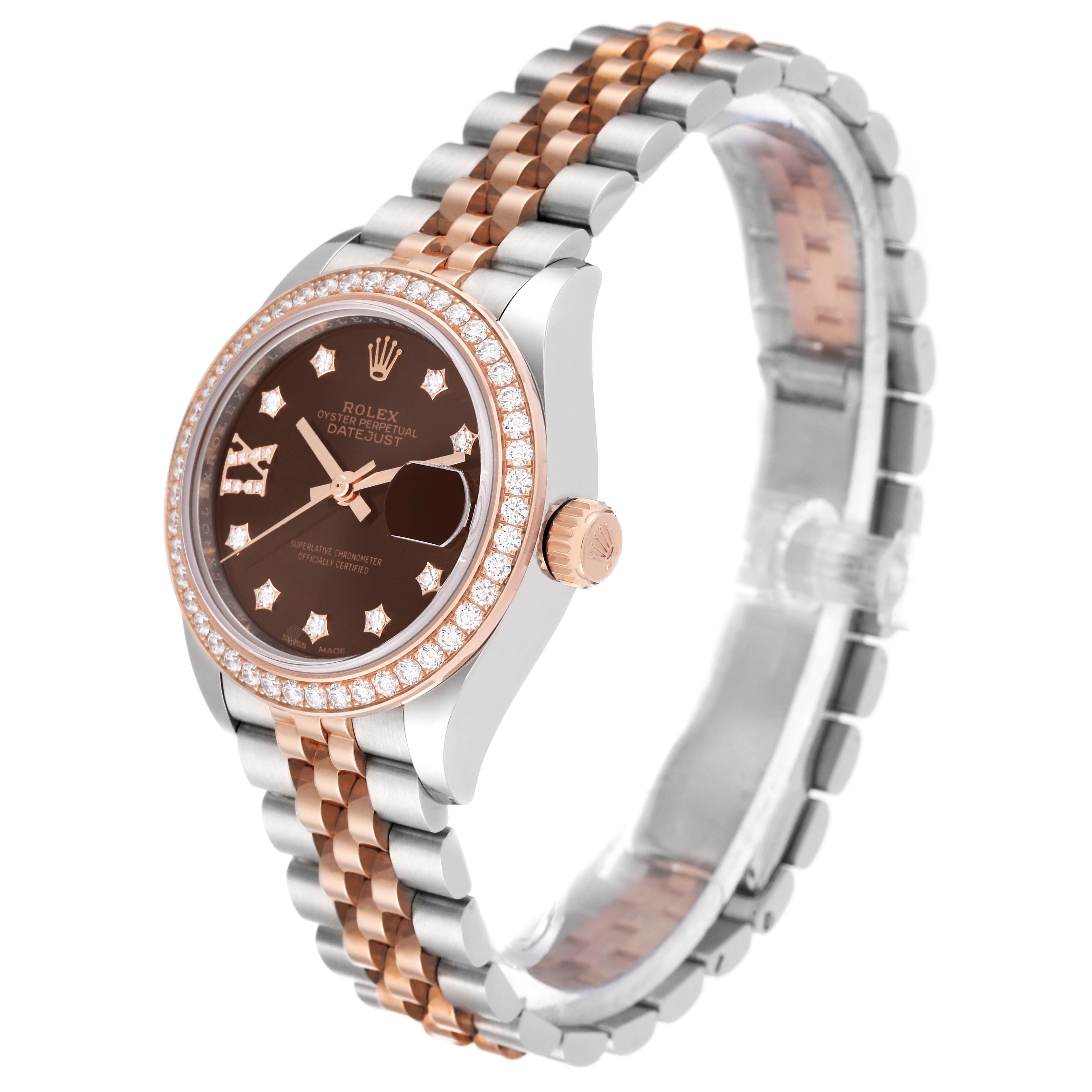 The image shows a side and angled view of a Rolex Datejust 279381RBR Women's Steel and Gold (two tone) Brown Dial 279381RBR Women's Steel and Gold (two tone) Brown Dial watch, displaying its face, bezel, and two-tone Jubilee bracelet.