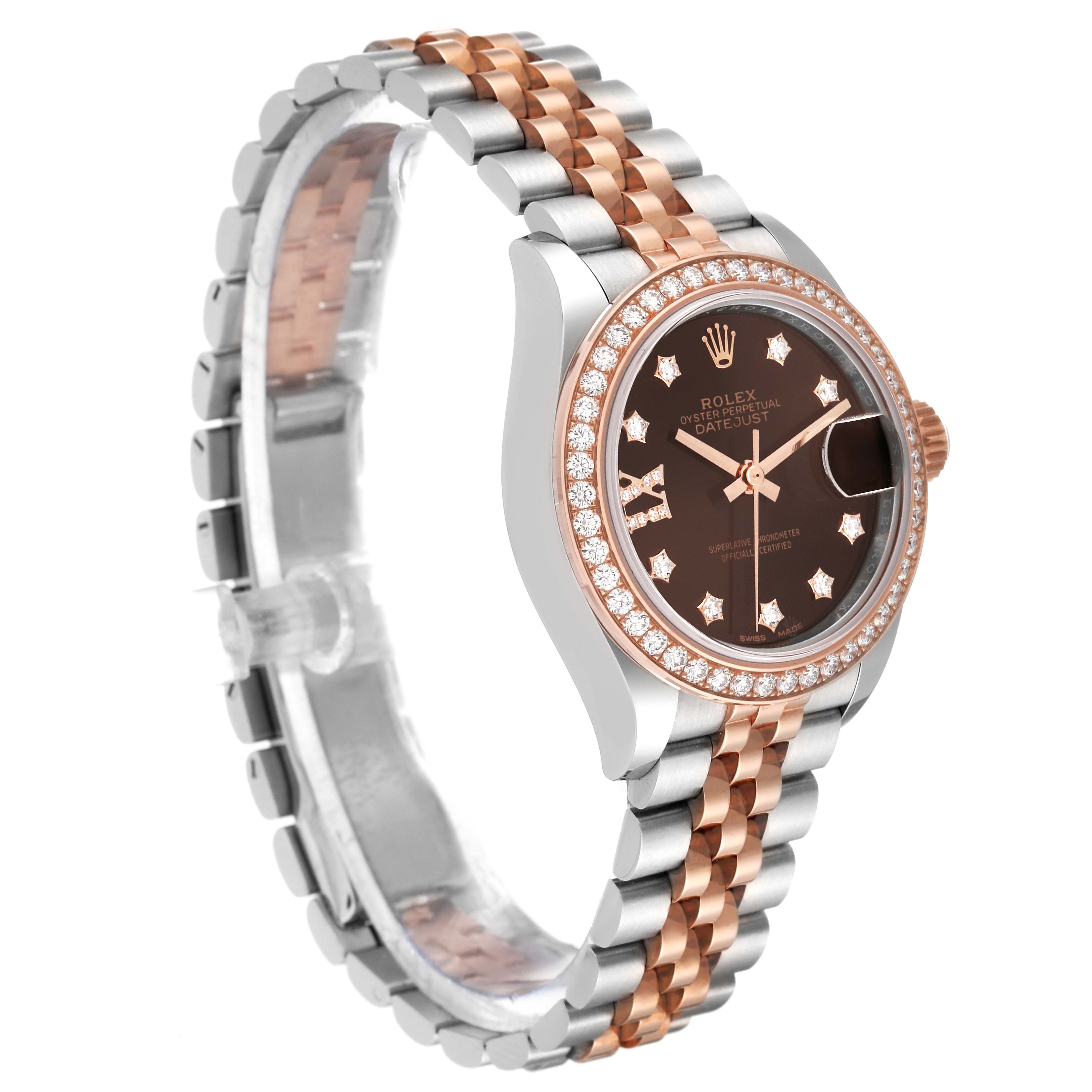 The image shows a side view of a Rolex Datejust 279381RBR Women's Steel and Gold (two tone) Brown Dial 279381RBR Women's Steel and Gold (two tone) Brown Dial watch, highlighting its two-tone metal bracelet and diamond-studded bezel.