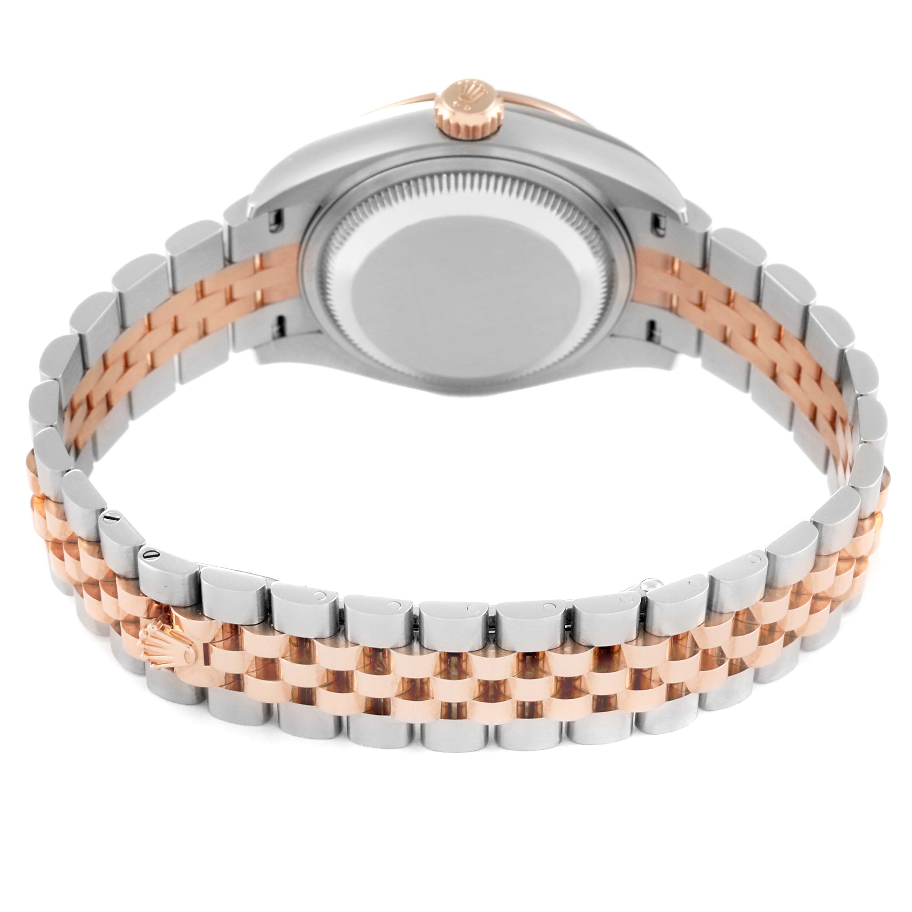 The image shows the back case and bracelet of a Rolex Datejust 279381RBR Women's Steel and Gold (two tone) Brown Dial 279381RBR Women's Steel and Gold (two tone) Brown Dial watch from a rear angle.