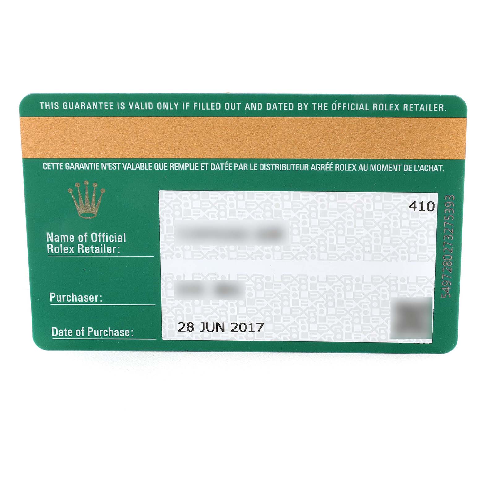 This is a warranty card for a Rolex Datejust 279381RBR Women's Steel and Gold (two tone) Brown Dial 279381RBR Women's Steel and Gold (two tone) Brown Dial watch.