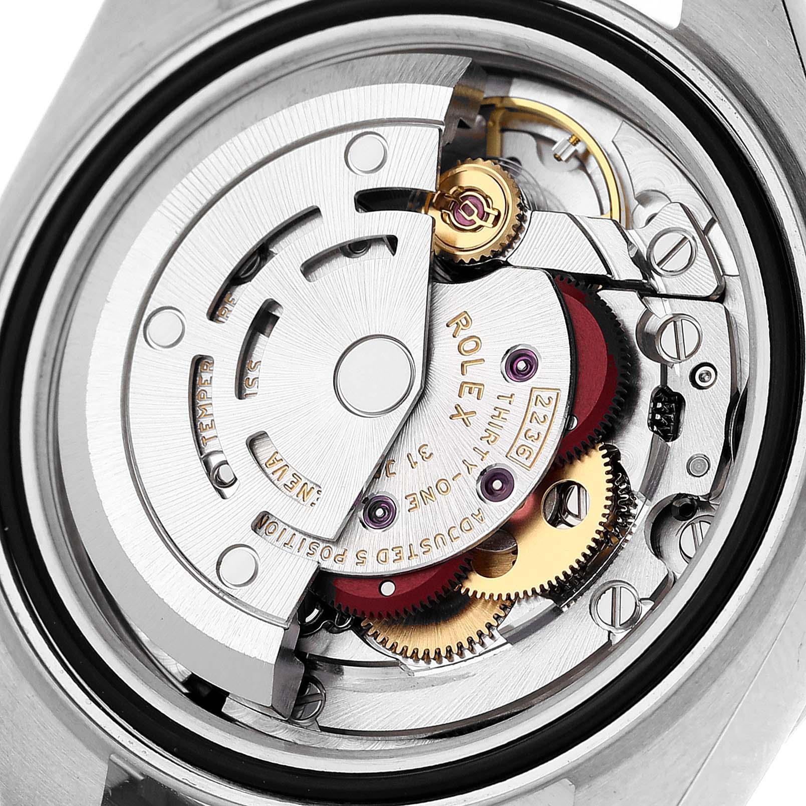 This image shows a detailed view of the movement inside a Rolex Datejust 279381RBR Women's Steel and Gold (two tone) Brown Dial 279381RBR Women's Steel and Gold (two tone) Brown Dial watch, focusing on the rotor and mechanical components.