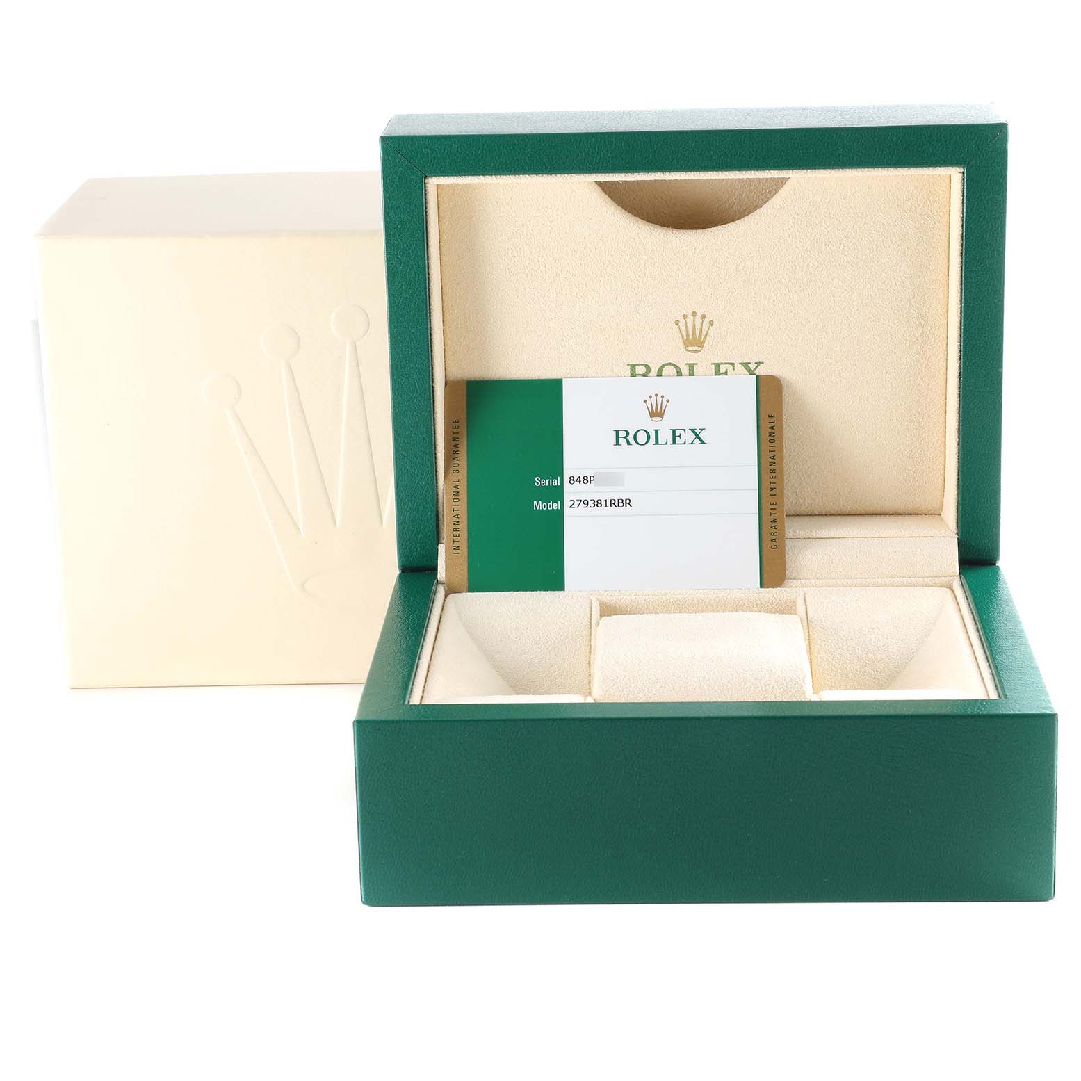 The image shows a Rolex Datejust 279381RBR Women's Steel and Gold (two tone) Brown Dial 279381RBR Women's Steel and Gold (two tone) Brown Dial watch box with the warranty card positioned inside.