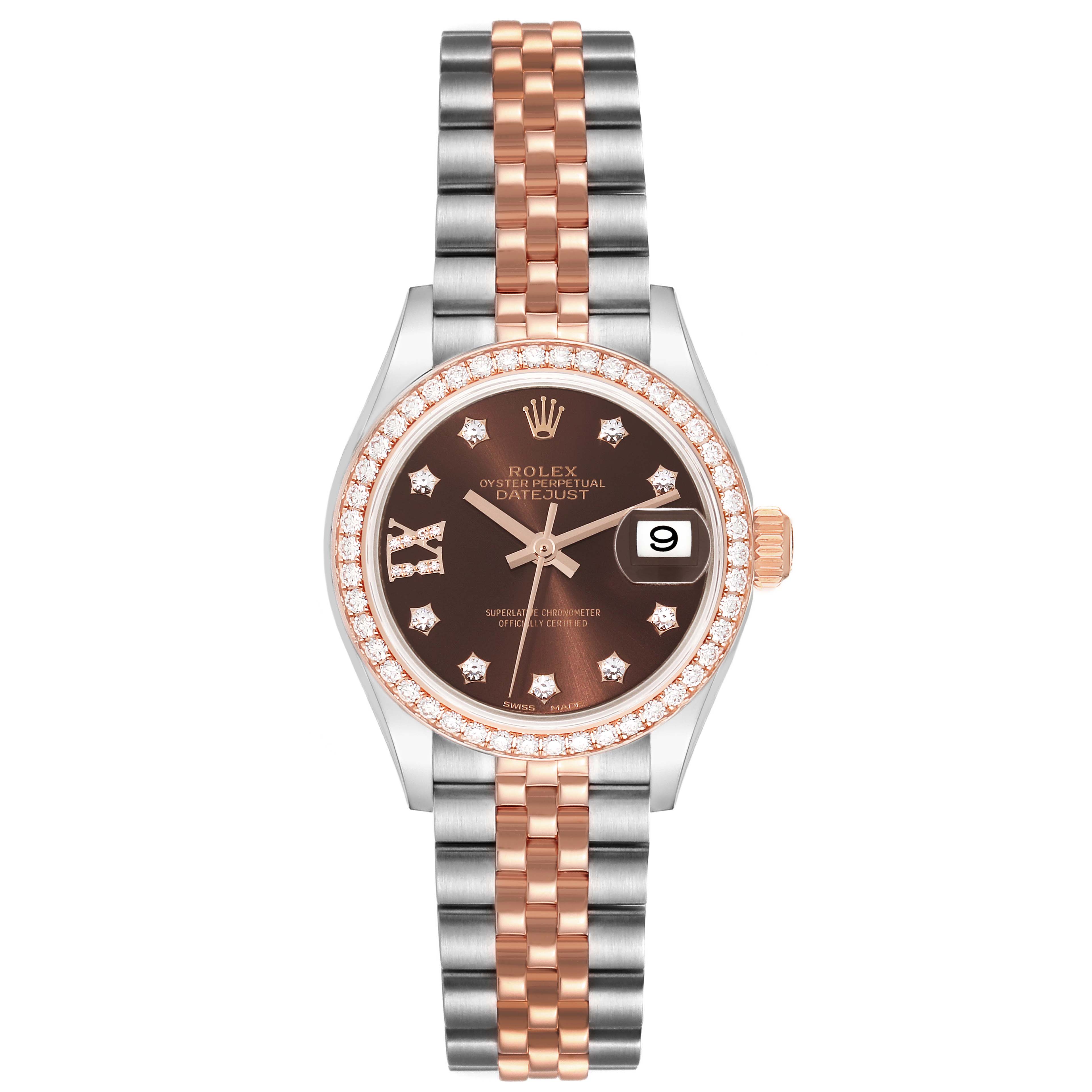 The image shows a front view of a Rolex Datejust 279381RBR Women's Steel and Gold (two tone) Brown Dial 279381RBR Women's Steel and Gold (two tone) Brown Dial watch, showcasing its dial, bezel, and two-tone jubilee bracelet.
