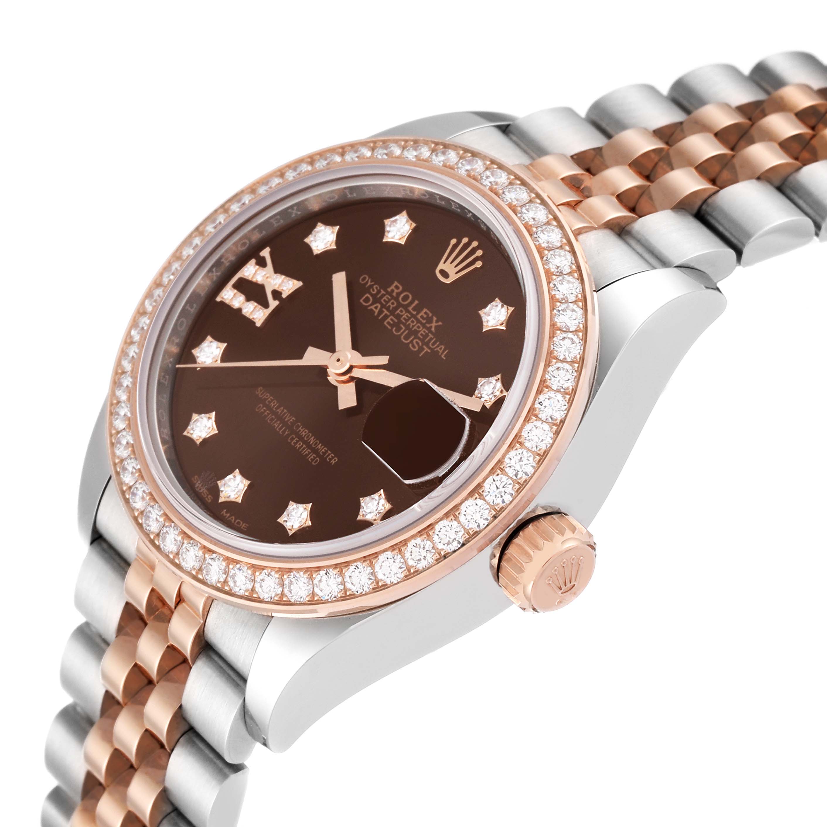 The image shows an angled view of a Rolex Datejust 279381RBR Women's Steel and Gold (two tone) Brown Dial 279381RBR Women's Steel and Gold (two tone) Brown Dial watch highlighting the dial, bezel, and part of the bracelet.