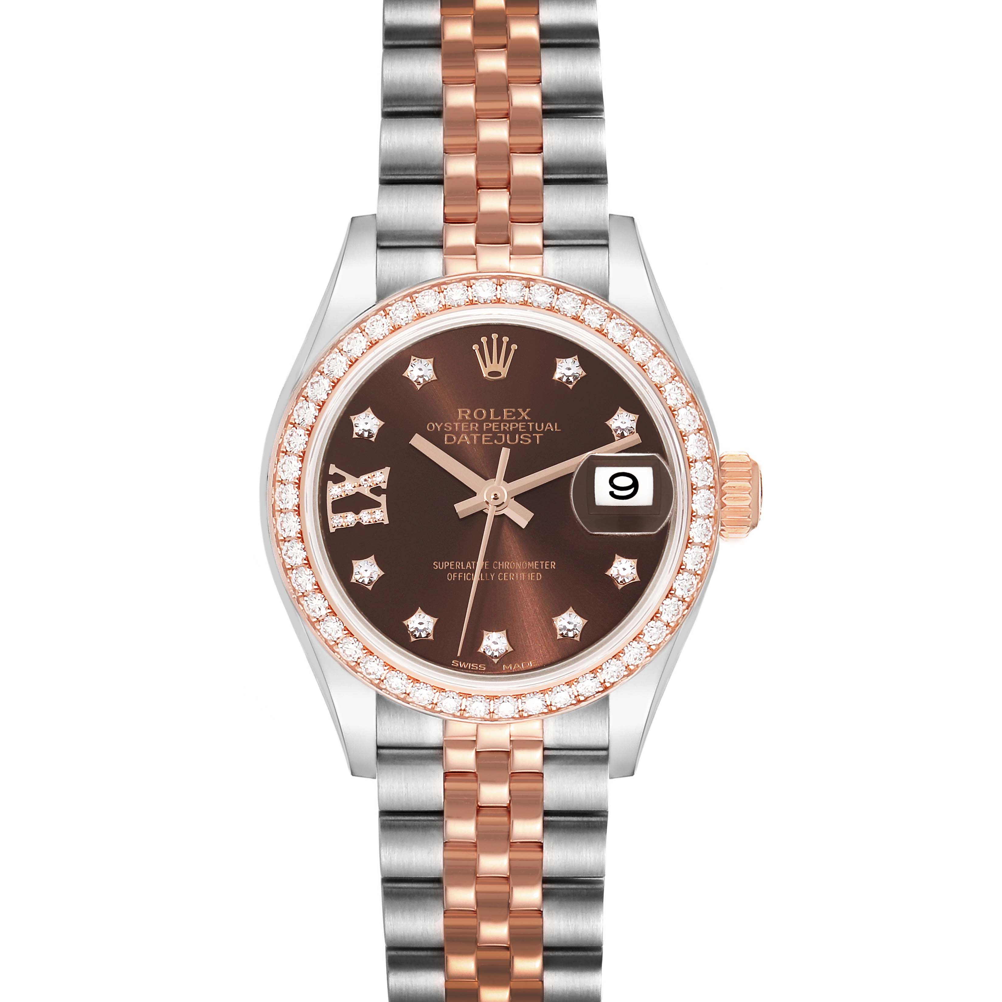 This image shows a front view of a Rolex Datejust 279381RBR Women's Steel and Gold (two tone) Brown Dial 279381RBR Women's Steel and Gold (two tone) Brown Dial watch, highlighting the dial, case, bezel, and Jubilee bracelet.