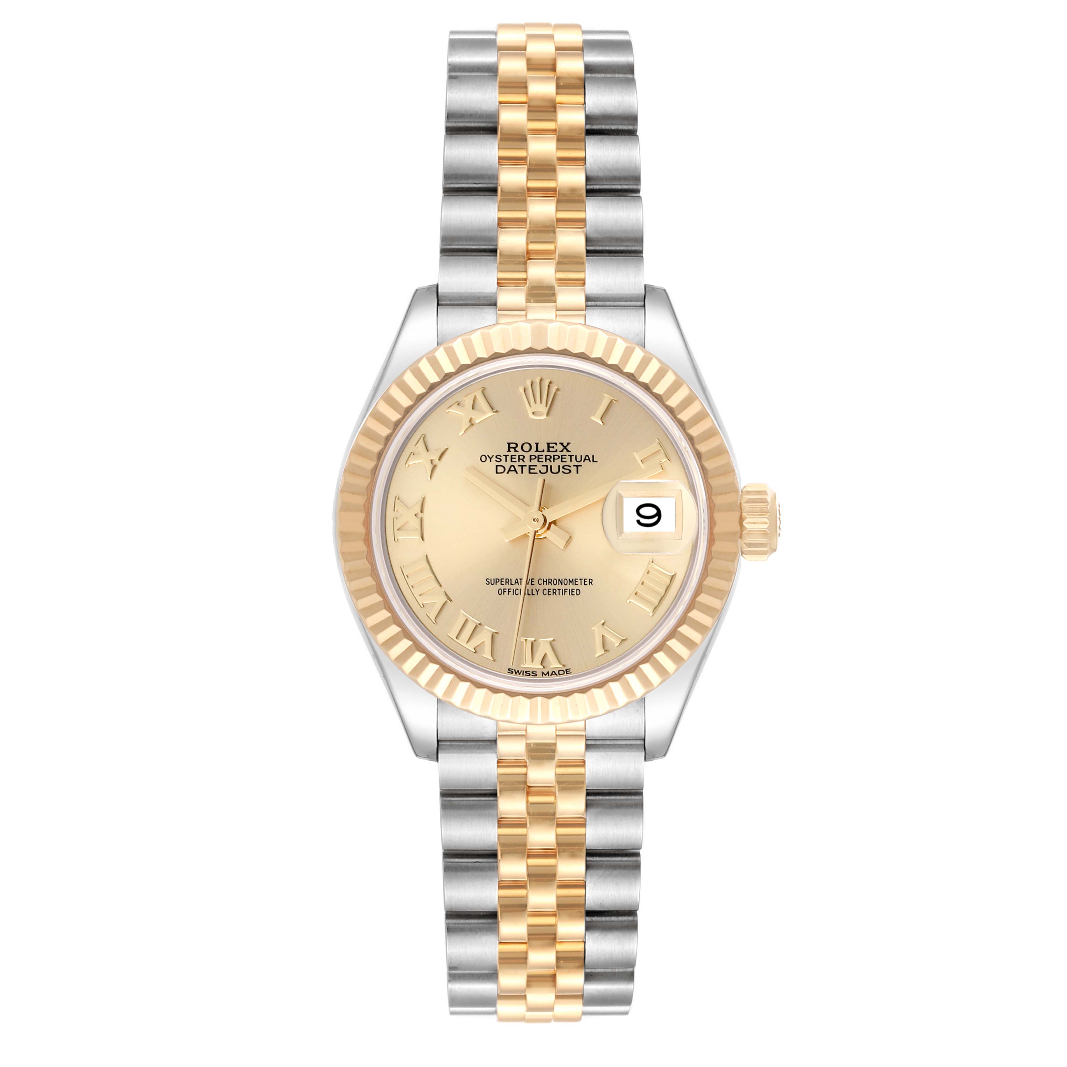 This image is a front view of a Rolex Datejust 279173 Women's Steel and Gold (two tone) Champagne Dial 279173 Women's Steel and Gold (two tone) Champagne Dial watch showing its dial, bezel, crown, and two-tone bracelet.