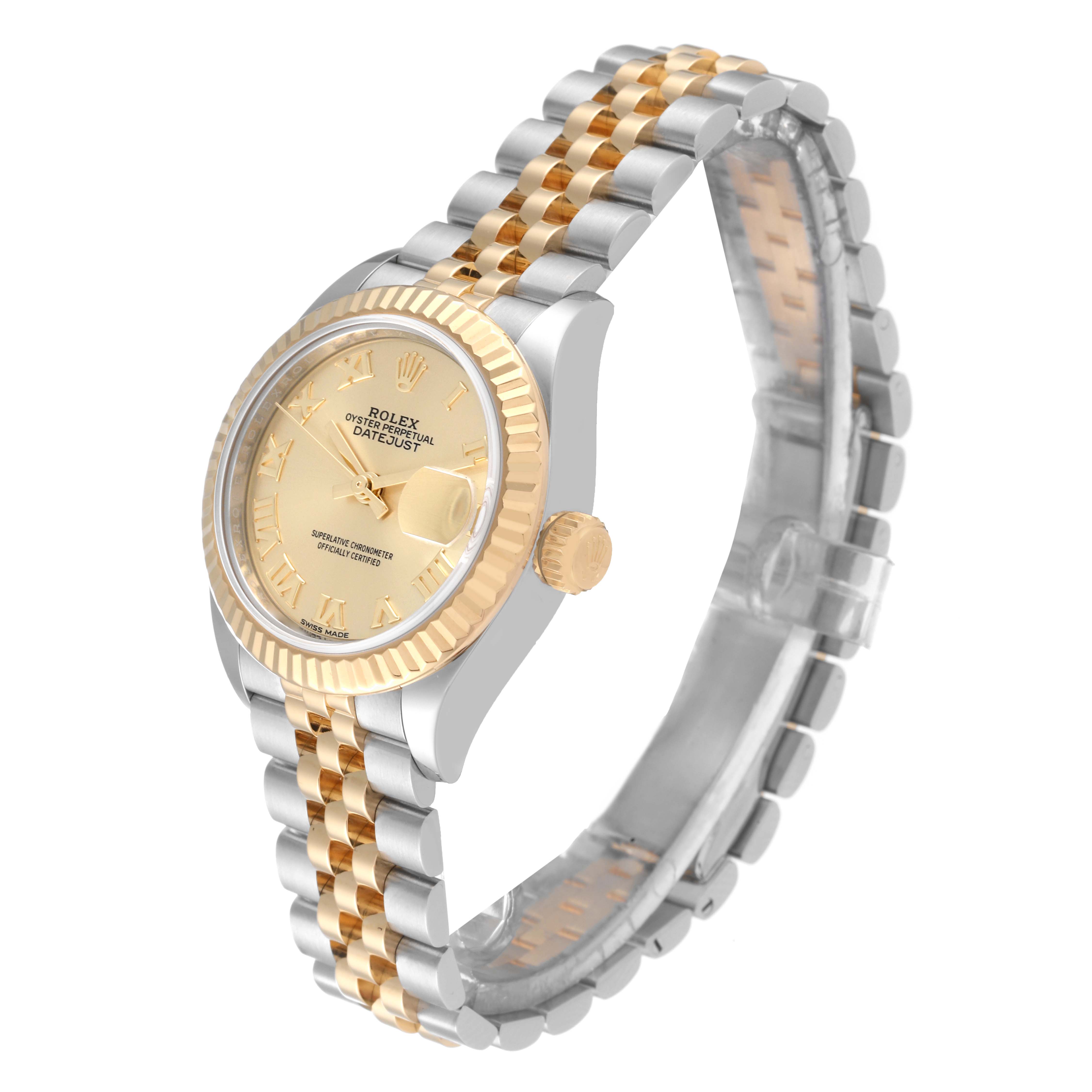 This image shows a Rolex Datejust 279173 Women's Steel and Gold (two tone) Champagne Dial 279173 Women's Steel and Gold (two tone) Champagne Dial watch from an angled side view, highlighting its gold bezel, crown, dial, and two-tone bracelet.