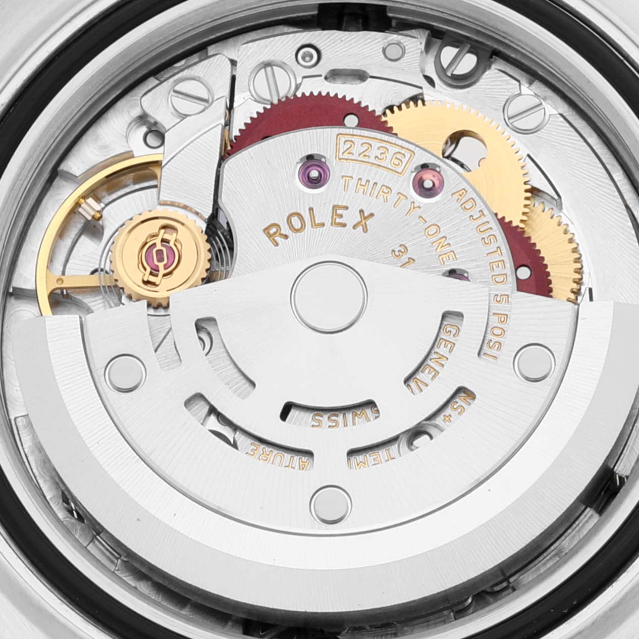 This image shows the internal mechanism of the Rolex Datejust 279173 Women's Steel and Gold (two tone) Champagne Dial 279173 Women's Steel and Gold (two tone) Champagne Dial watch from a close-up, top-down angle.