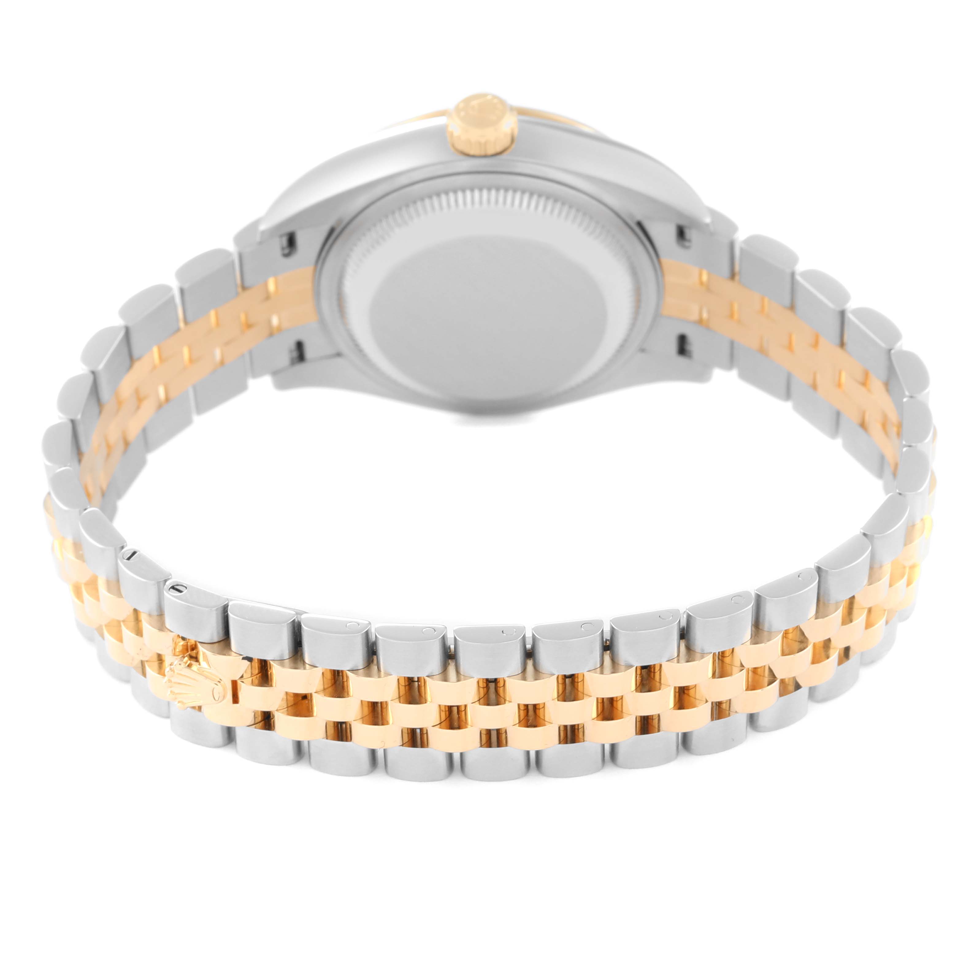 The image shows the back view of a Rolex Datejust 279173 Women's Steel and Gold (two tone) Champagne Dial 279173 Women's Steel and Gold (two tone) Champagne Dial watch, highlighting its two-tone bracelet and case back.