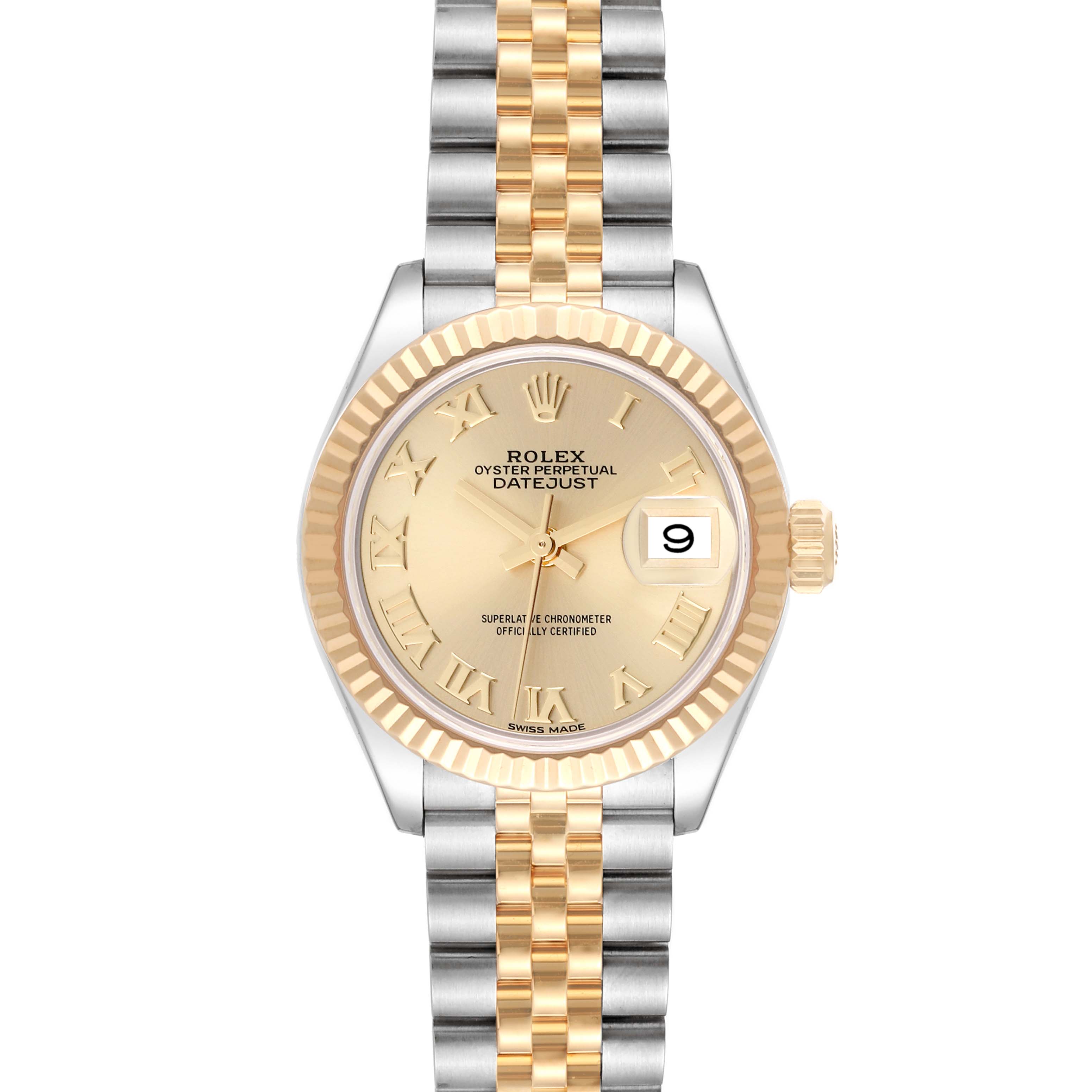 This image shows a frontal view of the Rolex Datejust 279173 Women's Steel and Gold (two tone) Champagne Dial 279173 Women's Steel and Gold (two tone) Champagne Dial watch, highlighting its face, bezel, and two-tone bracelet.