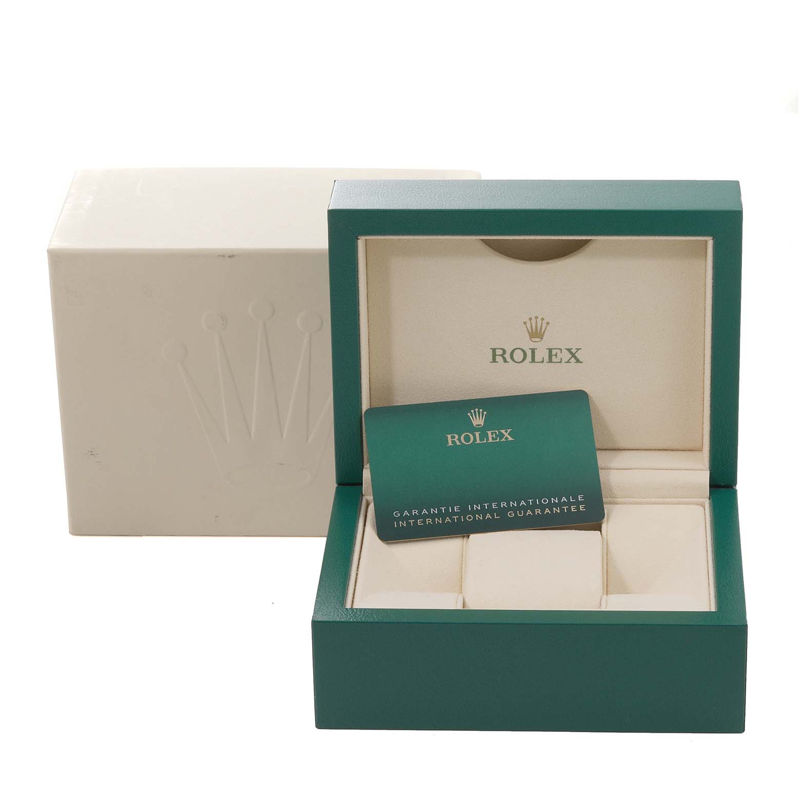 The image shows an open Rolex Datejust 279173 Women's Steel and Gold (two tone) Champagne Dial 279173 Women's Steel and Gold (two tone) Champagne Dial watch box at a front angle, displaying the international guarantee card inside.