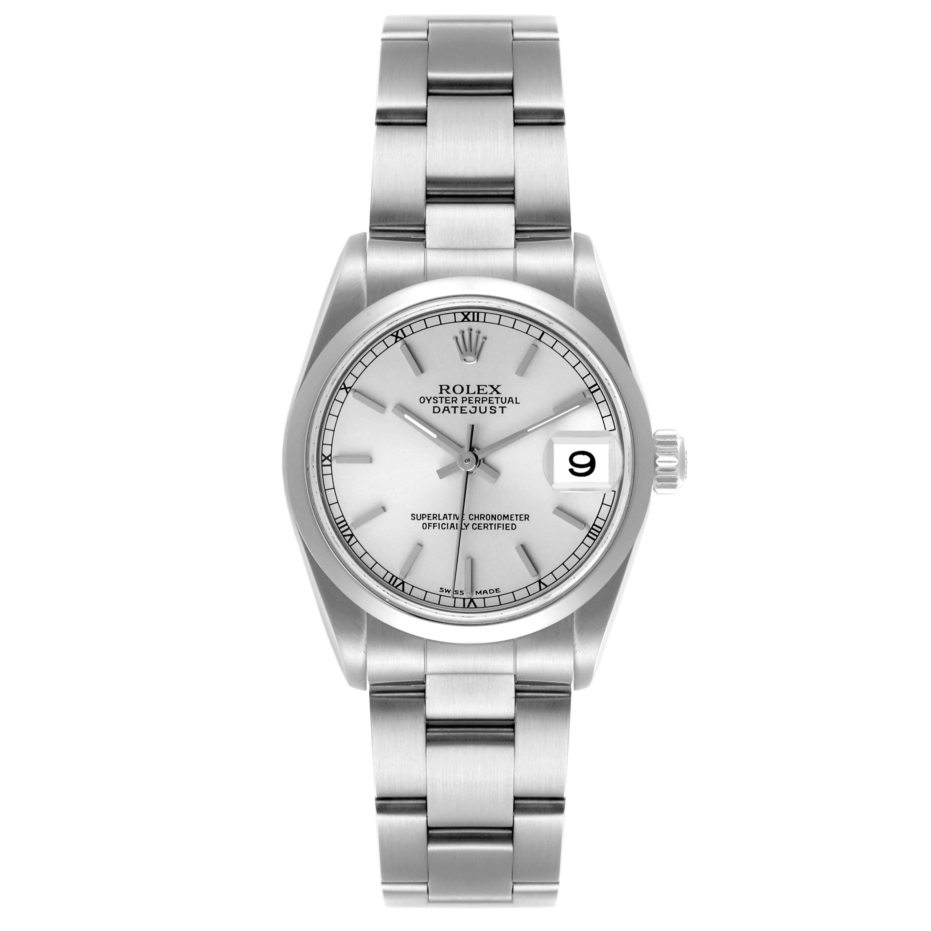 The Rolex Datejust Mid-Size watch is shown from a top-down angle, highlighting the dial, bezel, and bracelet.