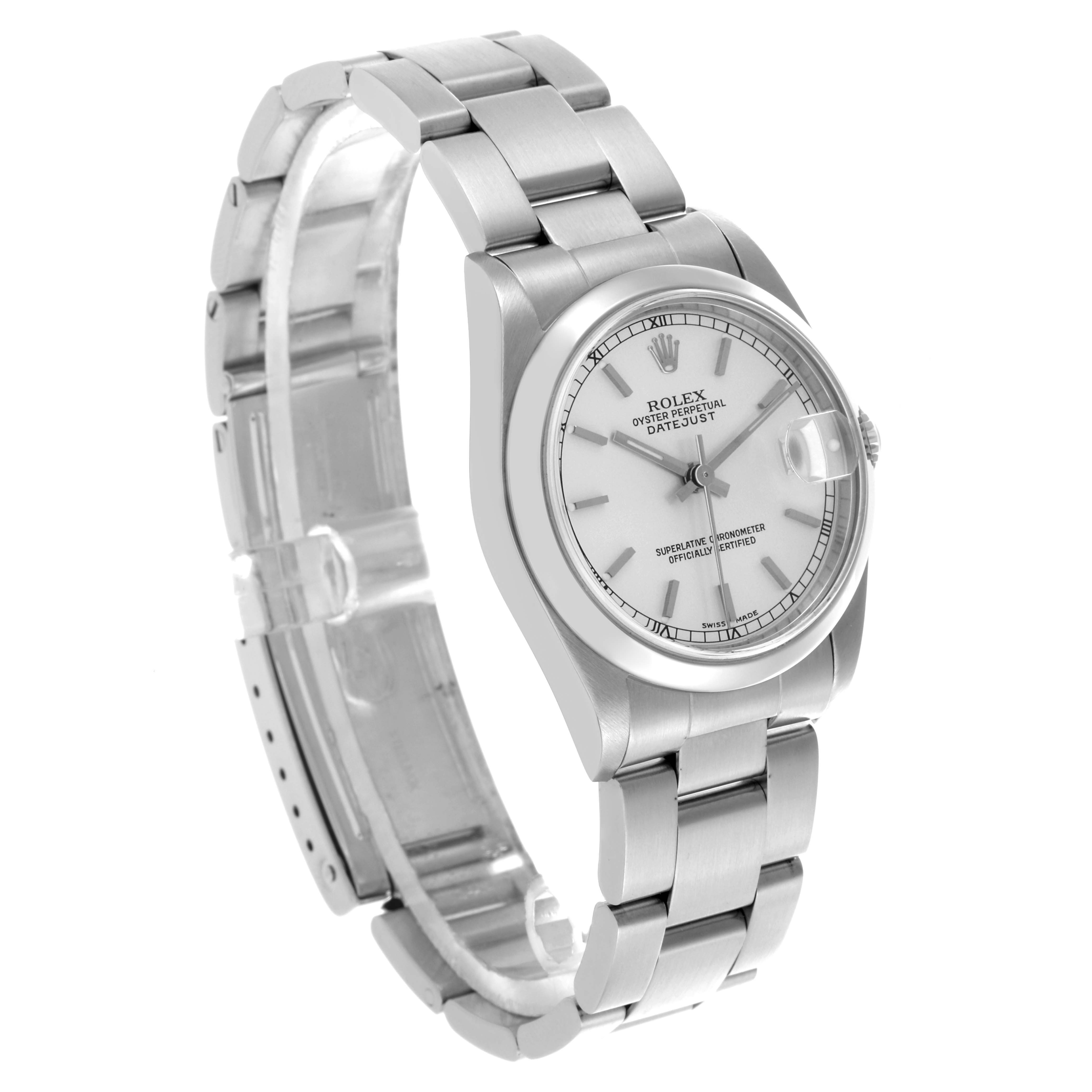 The image shows a side and front angle of the Rolex Datejust Mid-Size watch, highlighting the bracelet, case, and dial.