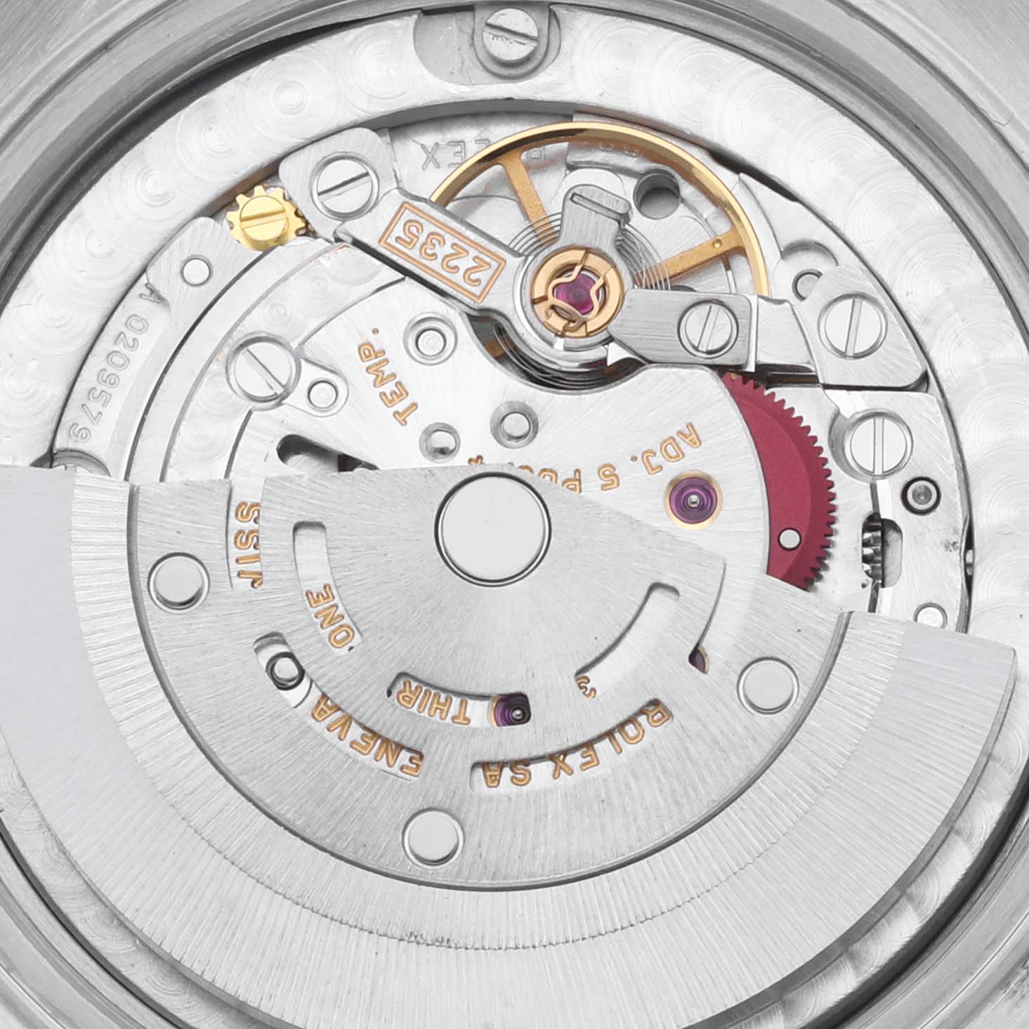 The image shows the intricate internal mechanism of a Rolex Mid-Size 78240 Women's Stainless Steel Silver Dial 78240 Women's Stainless Steel Silver Dial model, focusing on the movement components.