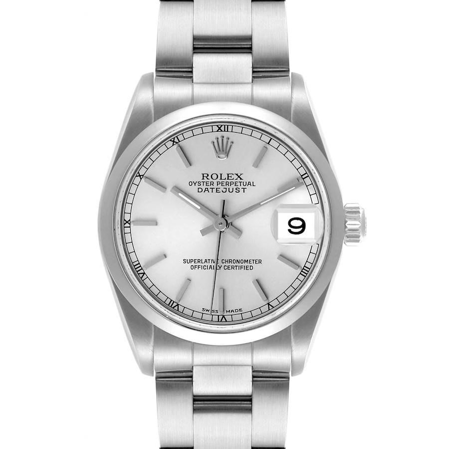 The Rolex Mid-Size model is shown from a front view, highlighting the dial, bezel, bracelet, and crown.