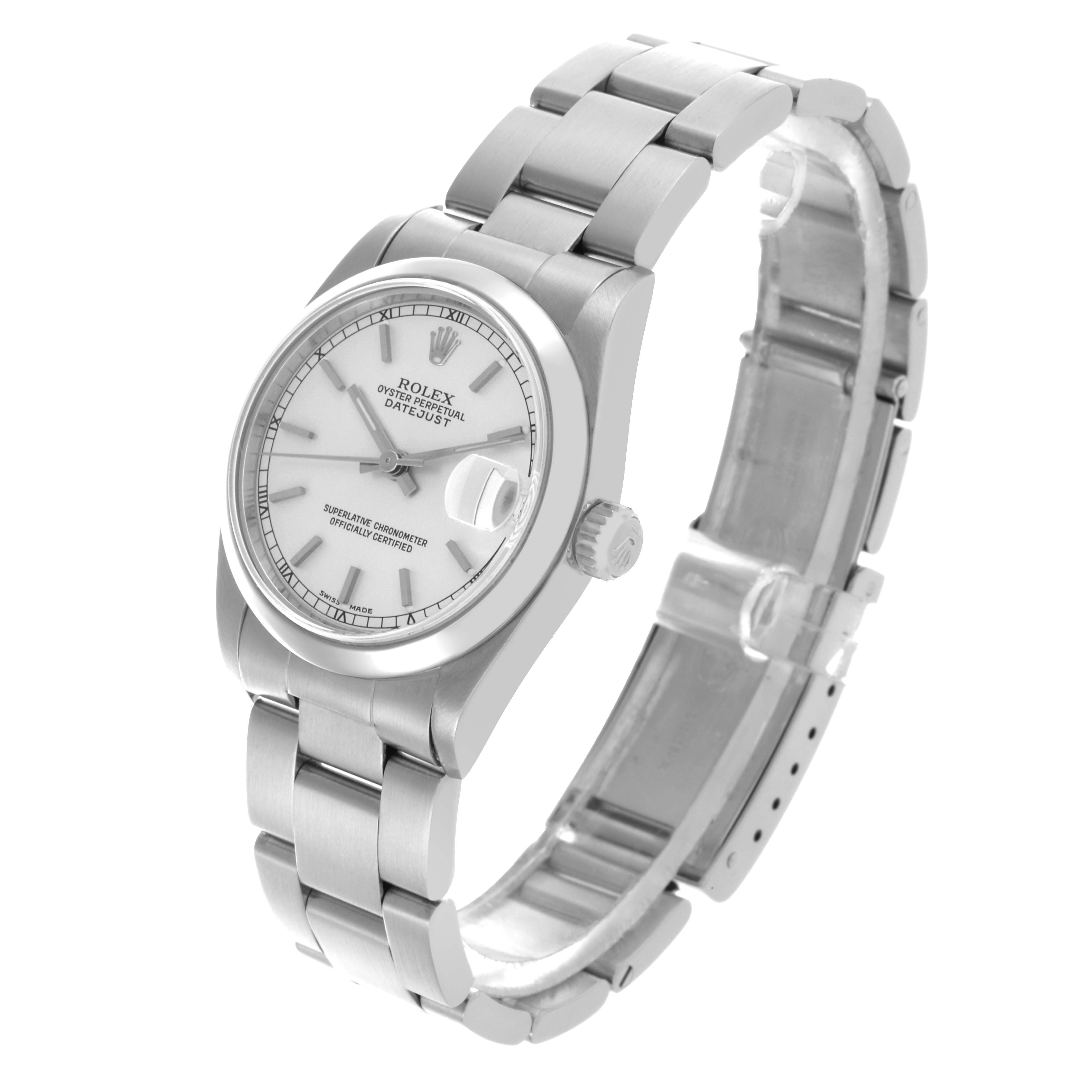 The Rolex Datejust mid-size watch is shown from a three-quarter angle, displaying the face, bezel, crown, and stainless steel bracelet.