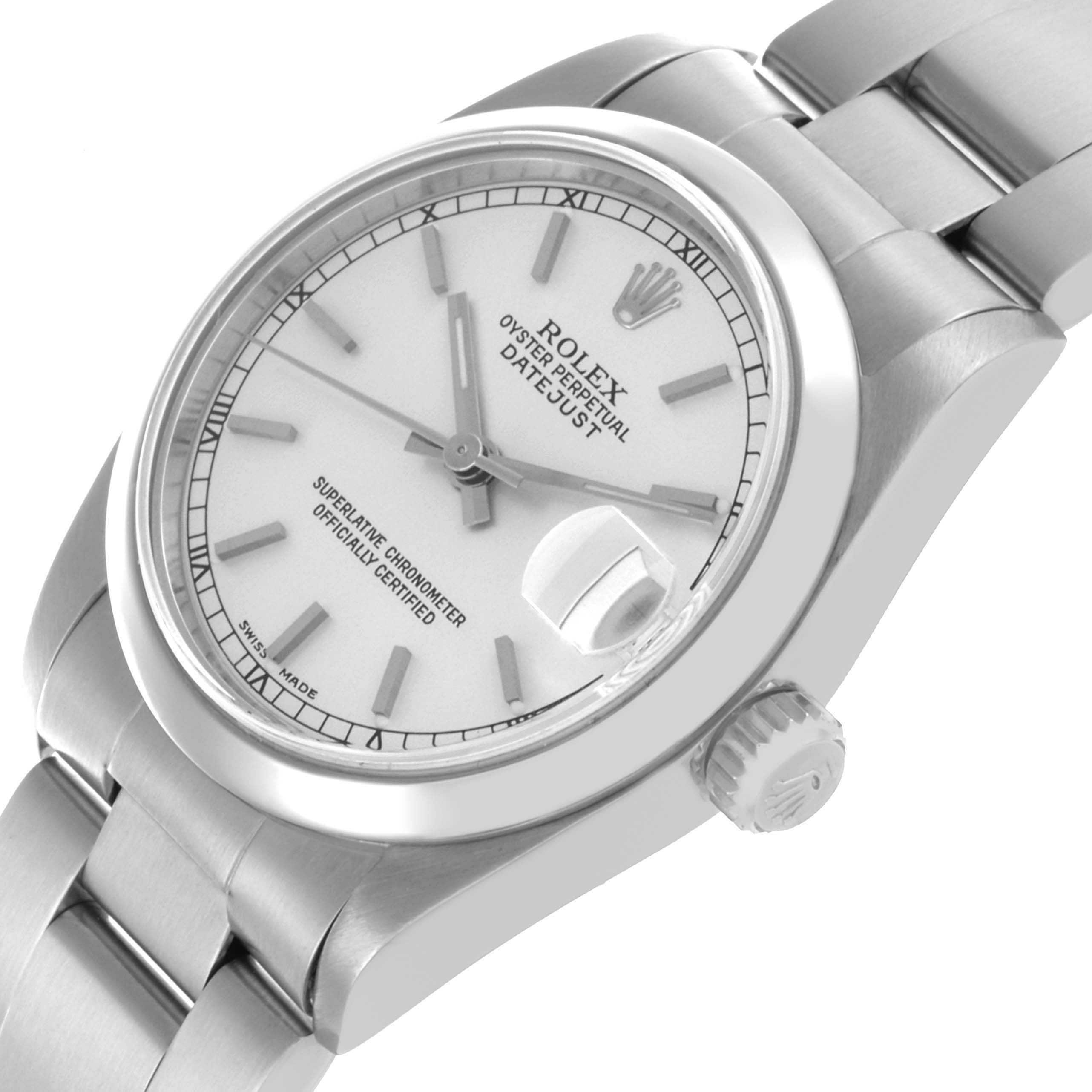 The Rolex Datejust Mid-Size model is shown at an angled view, highlighting the dial, bezel, crown, and part of the bracelet.