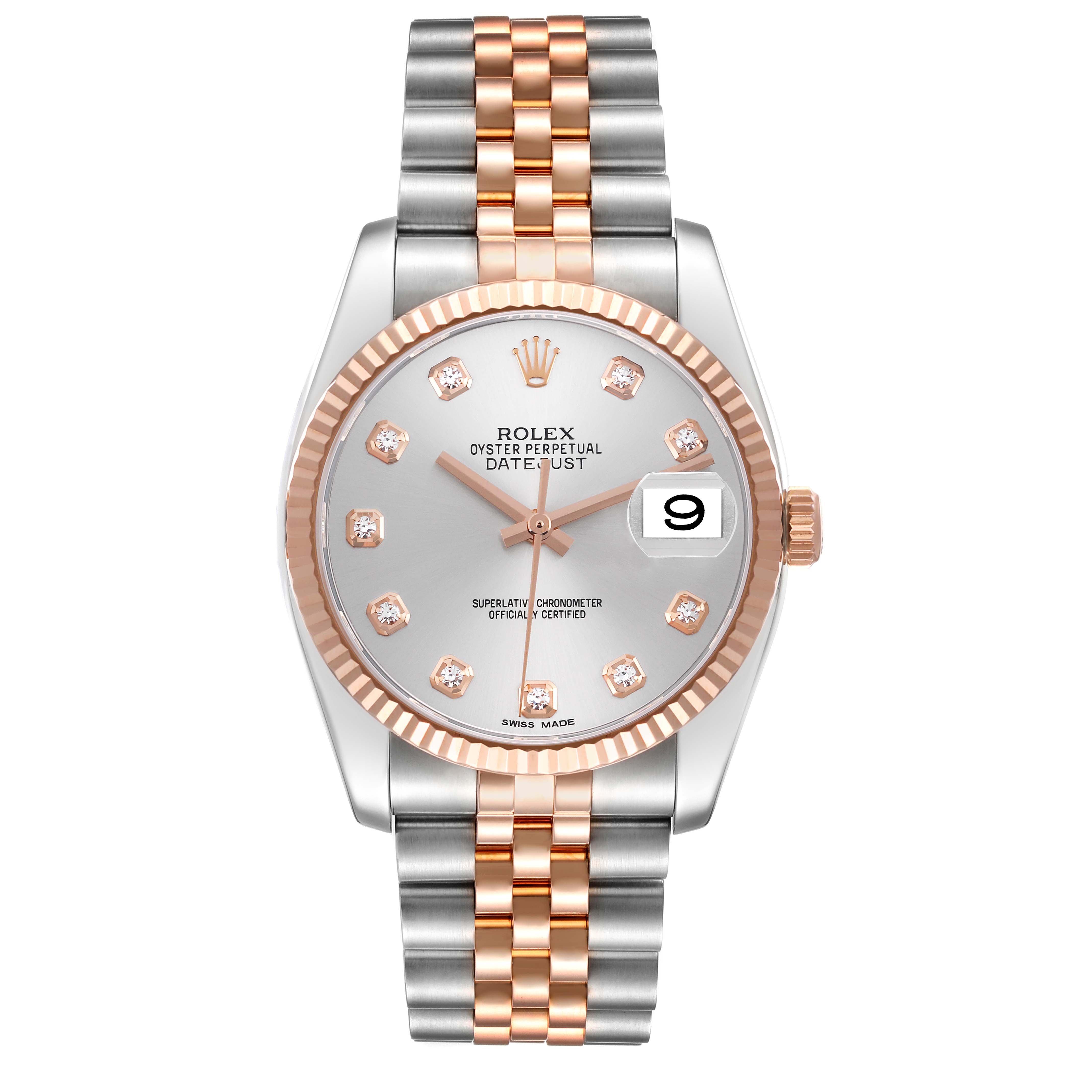 The Rolex Datejust 116231 Men's Steel and Gold (two tone) Silver Dial 116231 Men's Steel and Gold (two tone) Silver Dial is shown from a front angle, highlighting the dial, bezel, and two-tone bracelet.