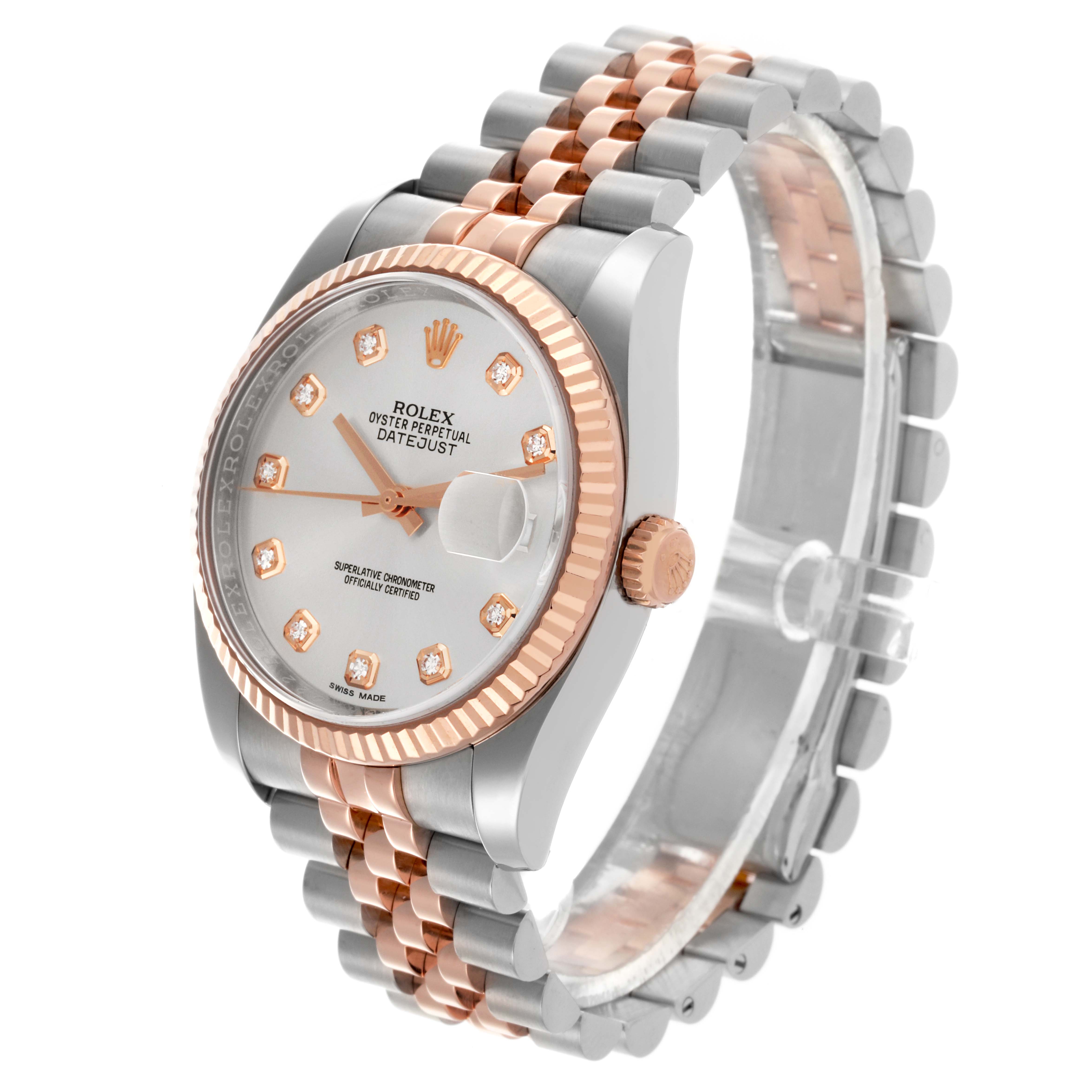 The Rolex Datejust 116231 Men's Steel and Gold (two tone) Silver Dial 116231 Men's Steel and Gold (two tone) Silver Dial watch is shown at a slight angle, highlighting the dial, bezel, crown, and bracelet.