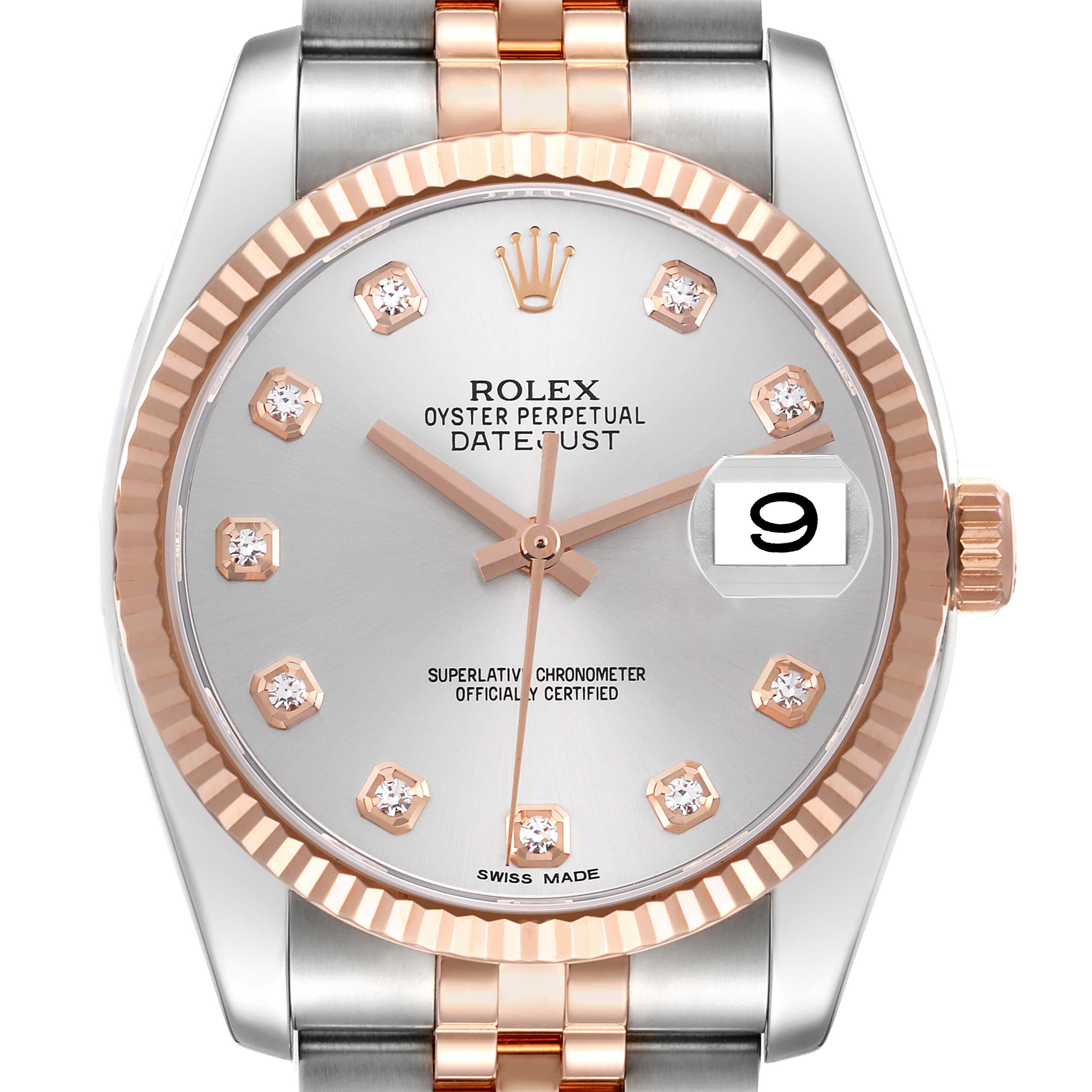 The Rolex Datejust 116231 Men's Steel and Gold (two tone) Silver Dial 116231 Men's Steel and Gold (two tone) Silver Dial watch is shown from the front, highlighting its face, date window, and part of the bracelet.