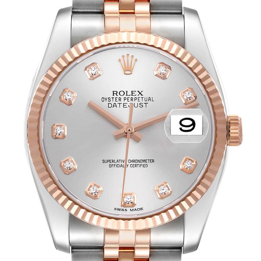 The Rolex Datejust watch is shown from the front, highlighting its face, date window, and part of the bracelet.