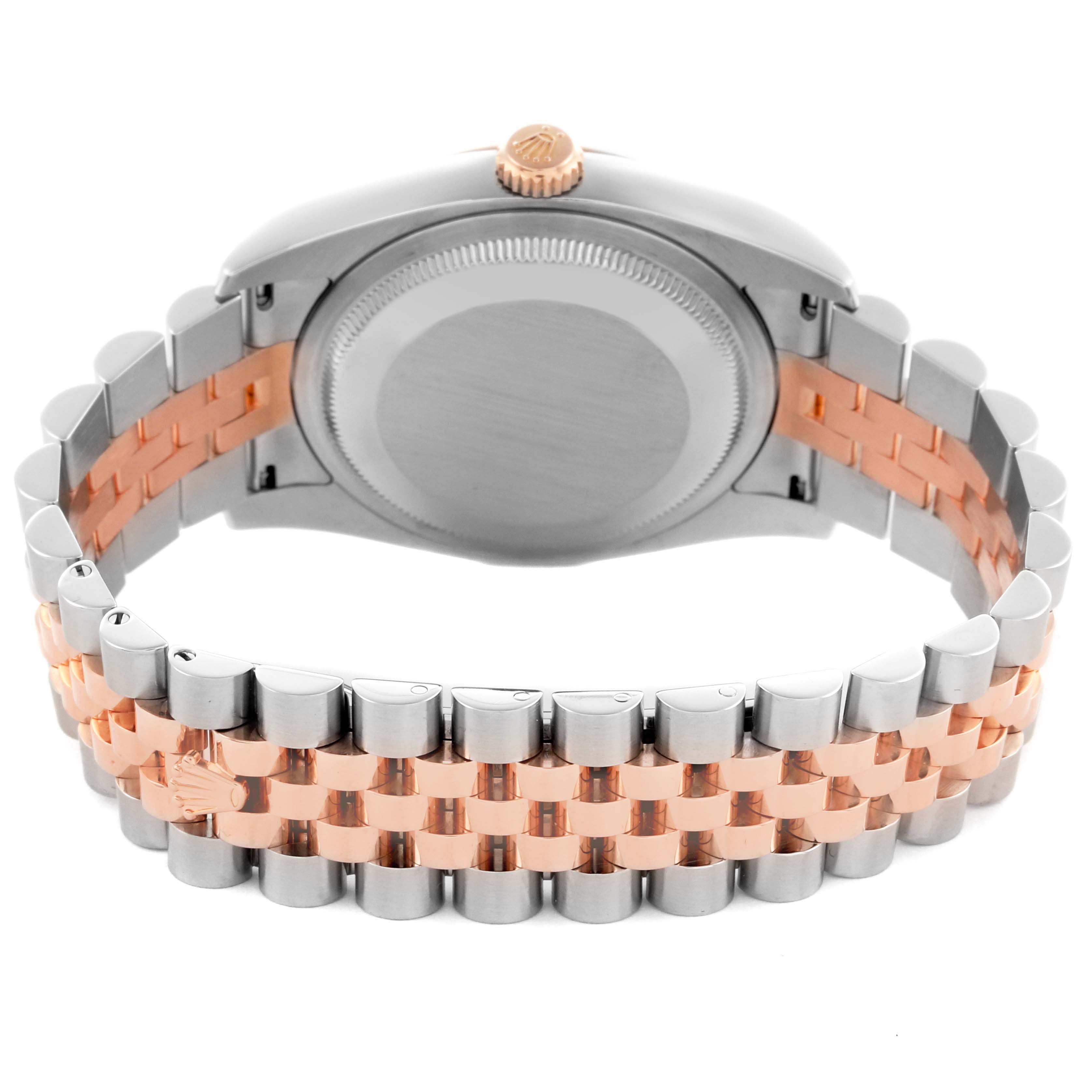 The image shows the back and bracelet of a Rolex Datejust 116231 Men's Steel and Gold (two tone) Silver Dial 116231 Men's Steel and Gold (two tone) Silver Dial, highlighting its two-tone metallic links and crown.