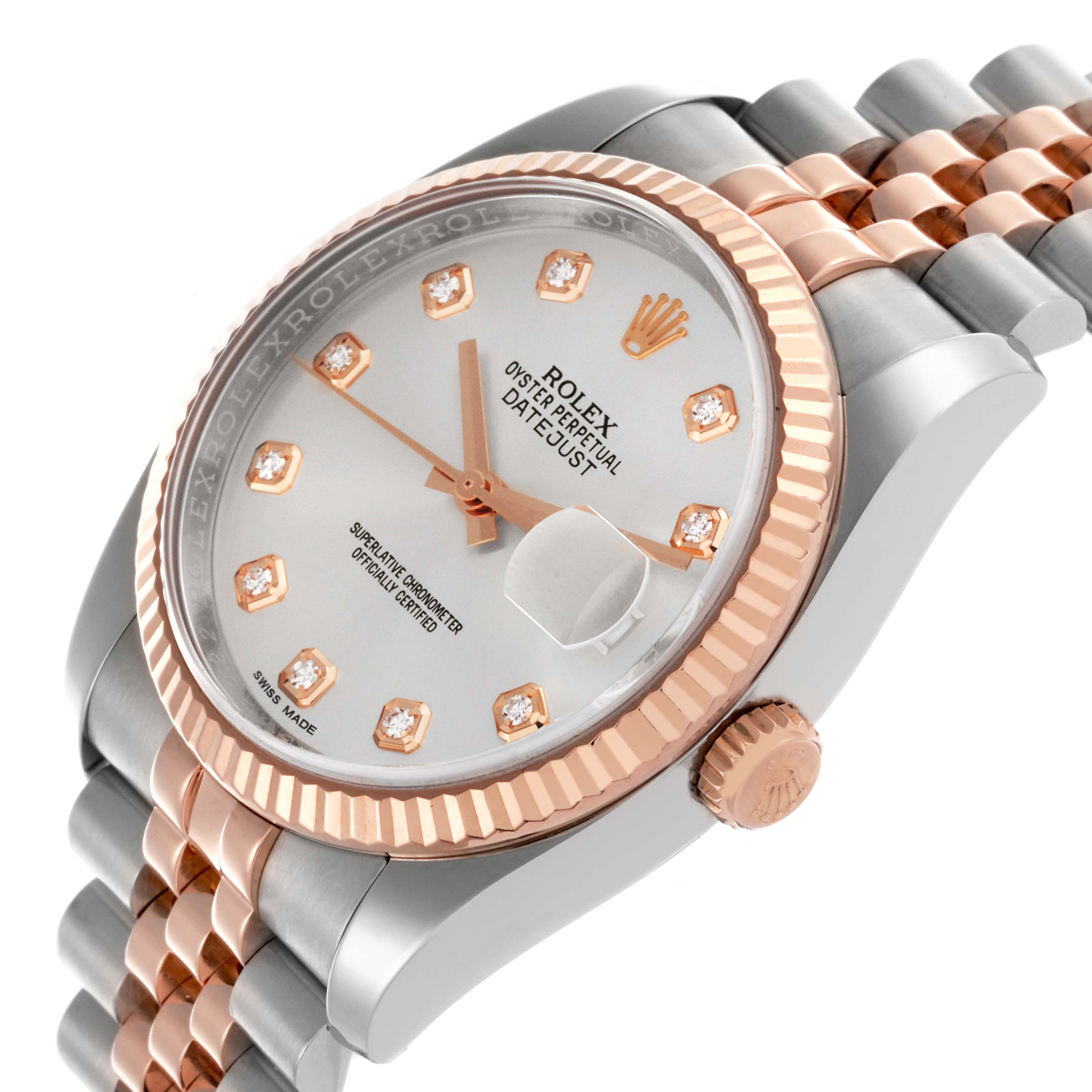 The Rolex Datejust 116231 Men's Steel and Gold (two tone) Silver Dial 116231 Men's Steel and Gold (two tone) Silver Dial is shown at a three-quarter angle, highlighting the dial, bezel, and Jubilee bracelet.
