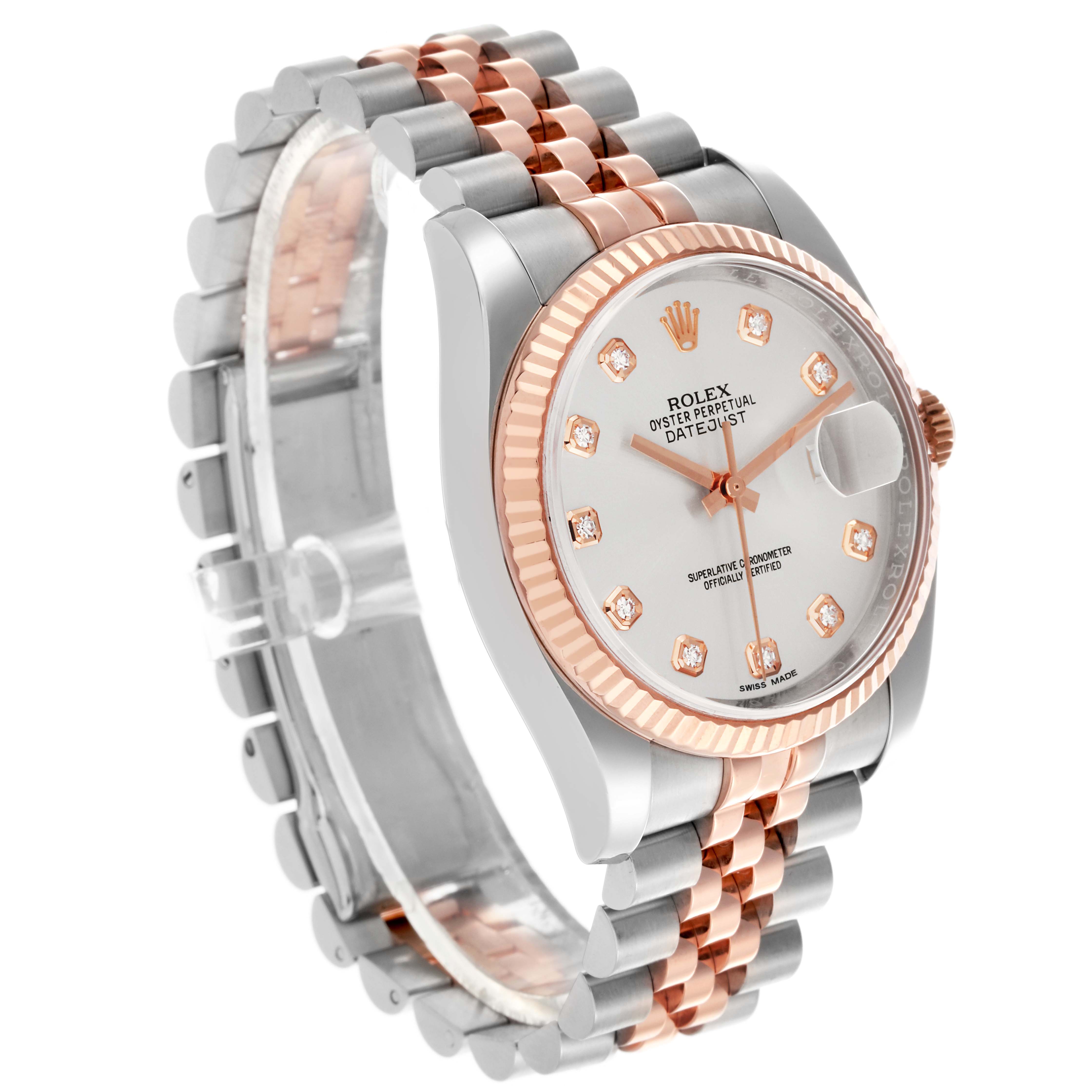 The Rolex Datejust 116231 Men's Steel and Gold (two tone) Silver Dial 116231 Men's Steel and Gold (two tone) Silver Dial watch is shown at a three-quarter angle, highlighting the face, case, bezel, and bracelet.