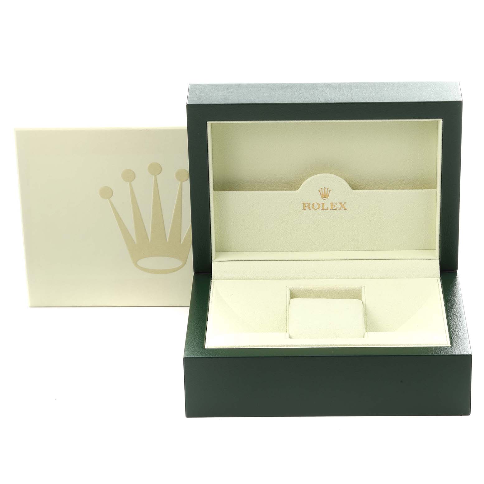 The image shows an open Rolex Datejust 116231 Men's Steel and Gold (two tone) Silver Dial 116231 Men's Steel and Gold (two tone) Silver Dial watch box, with an inner cushion and outer packaging visible from the front.