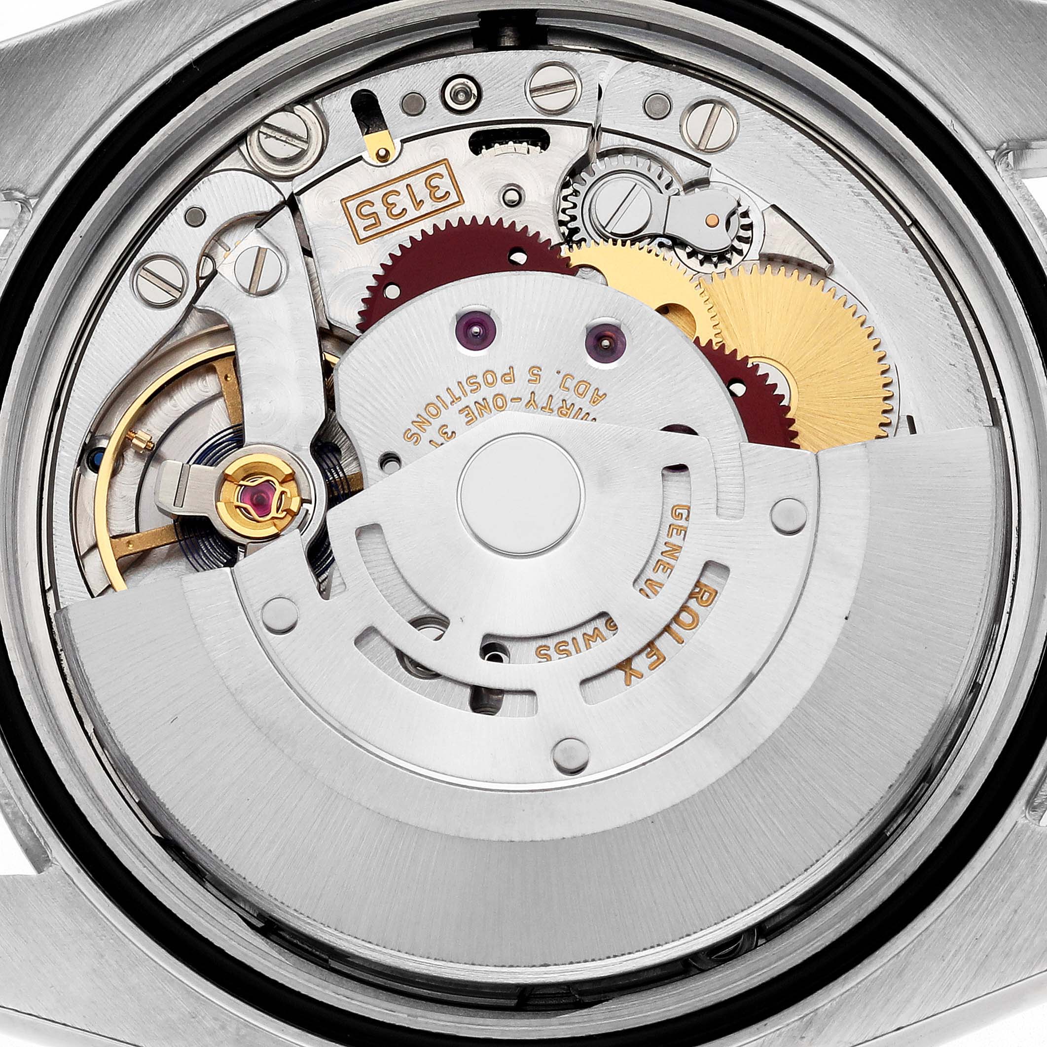 The image shows a close-up of the Rolex Datejust 116231 Men's Steel and Gold (two tone) Silver Dial 116231 Men's Steel and Gold (two tone) Silver Dial's movement components from the back.