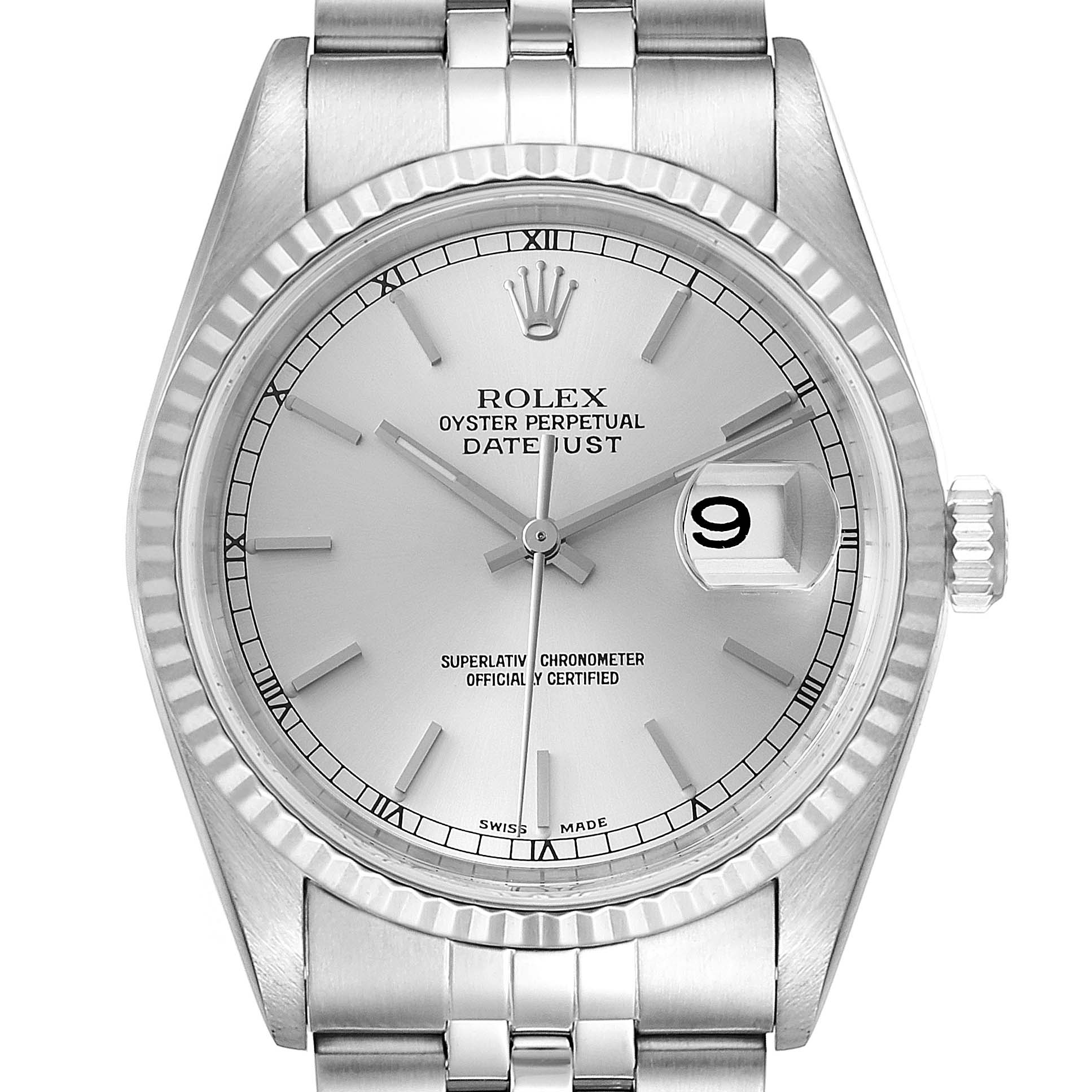 The image shows a frontal view of the Rolex Datejust 16234 Men's Stainless Steel Silver Dial 16234 Men's Stainless Steel Silver Dial watch, detailing the dial, bezel, crown, and bracelet.