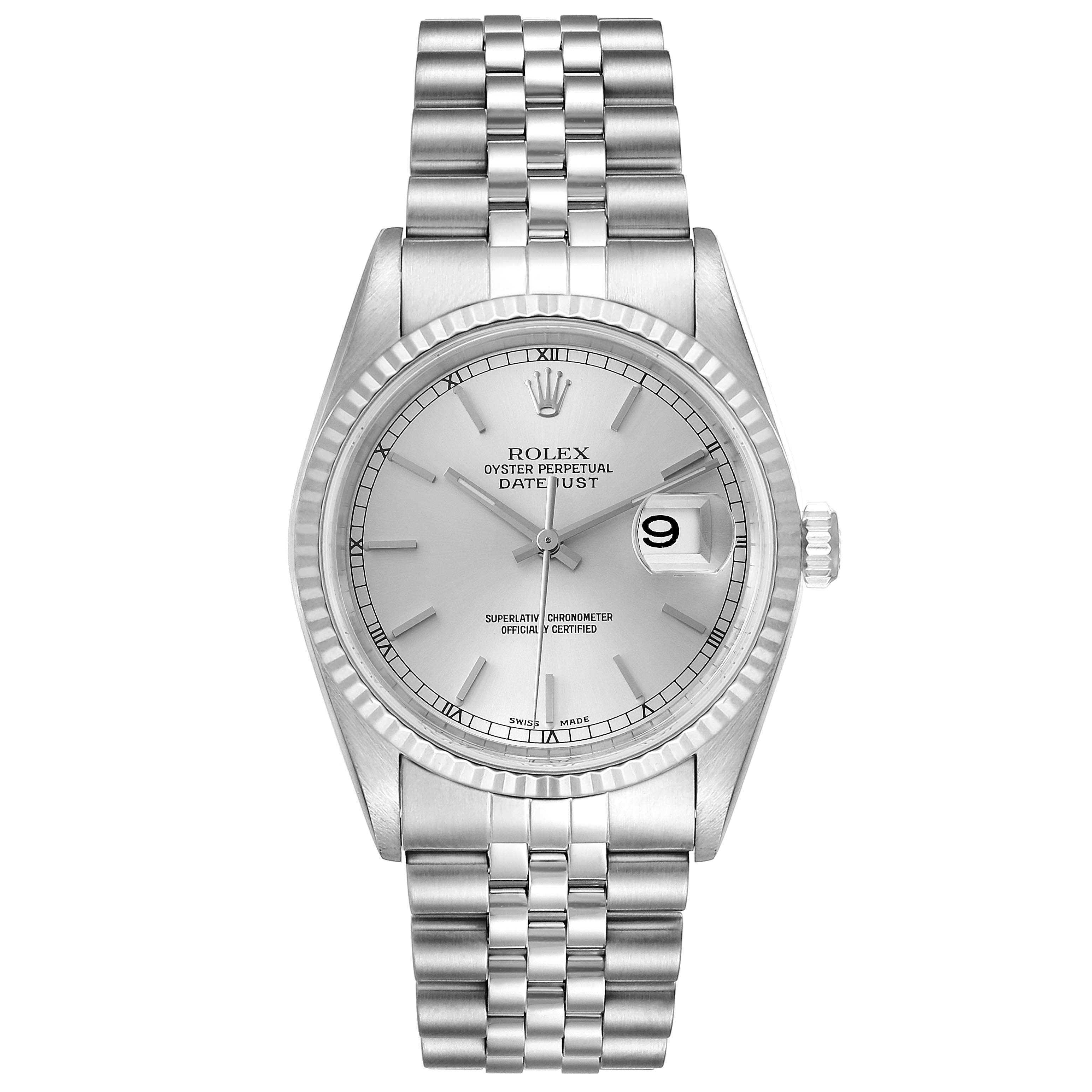 The image shows a front view of a Rolex Datejust 16234 Men's Stainless Steel Silver Dial 16234 Men's Stainless Steel Silver Dial watch, displaying its dial, bezel, bracelet, and date window.
